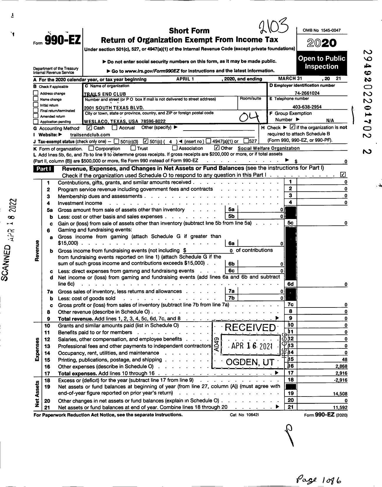 Image of first page of 2020 Form 990EO for Trails End Club