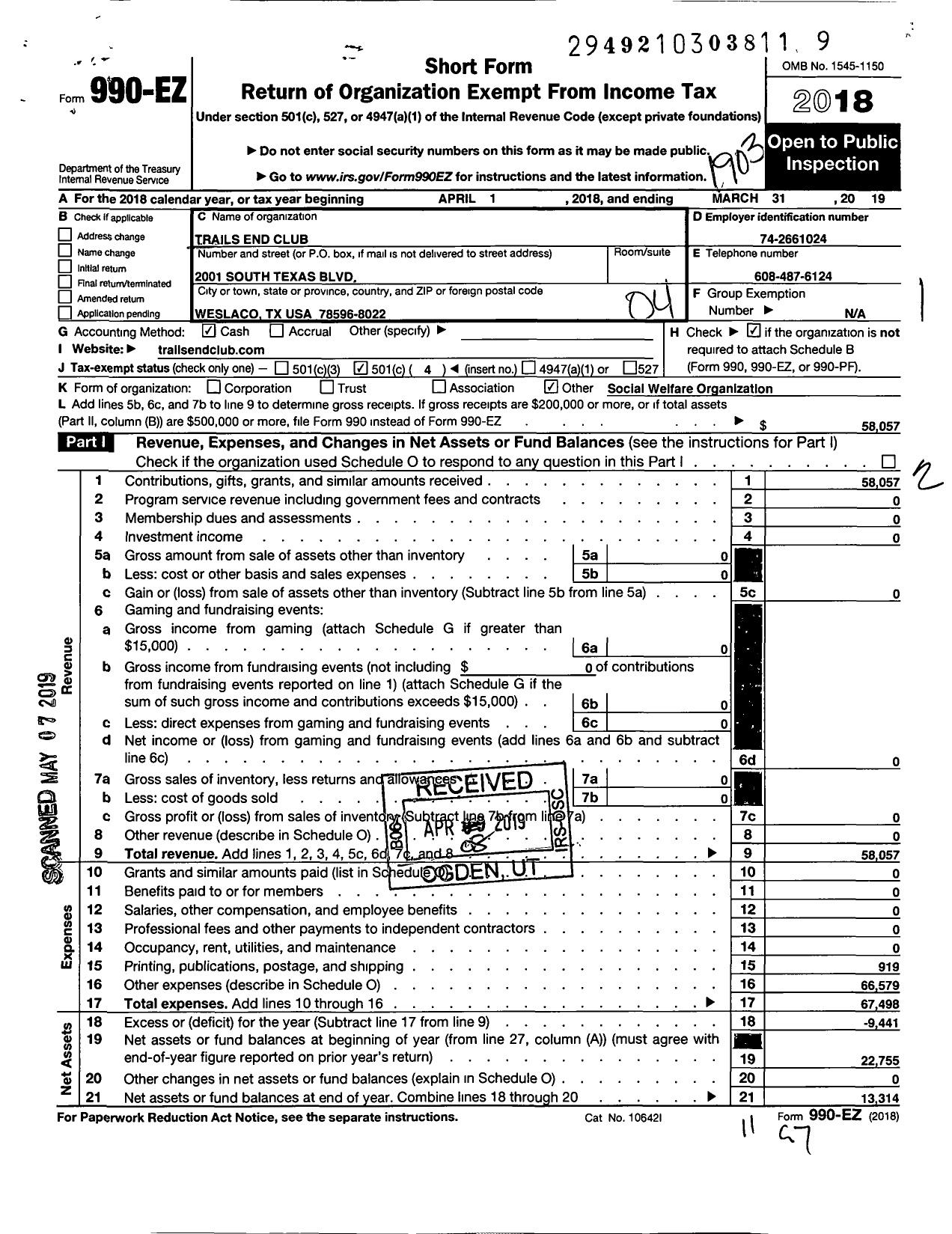 Image of first page of 2018 Form 990EO for Trails End Club