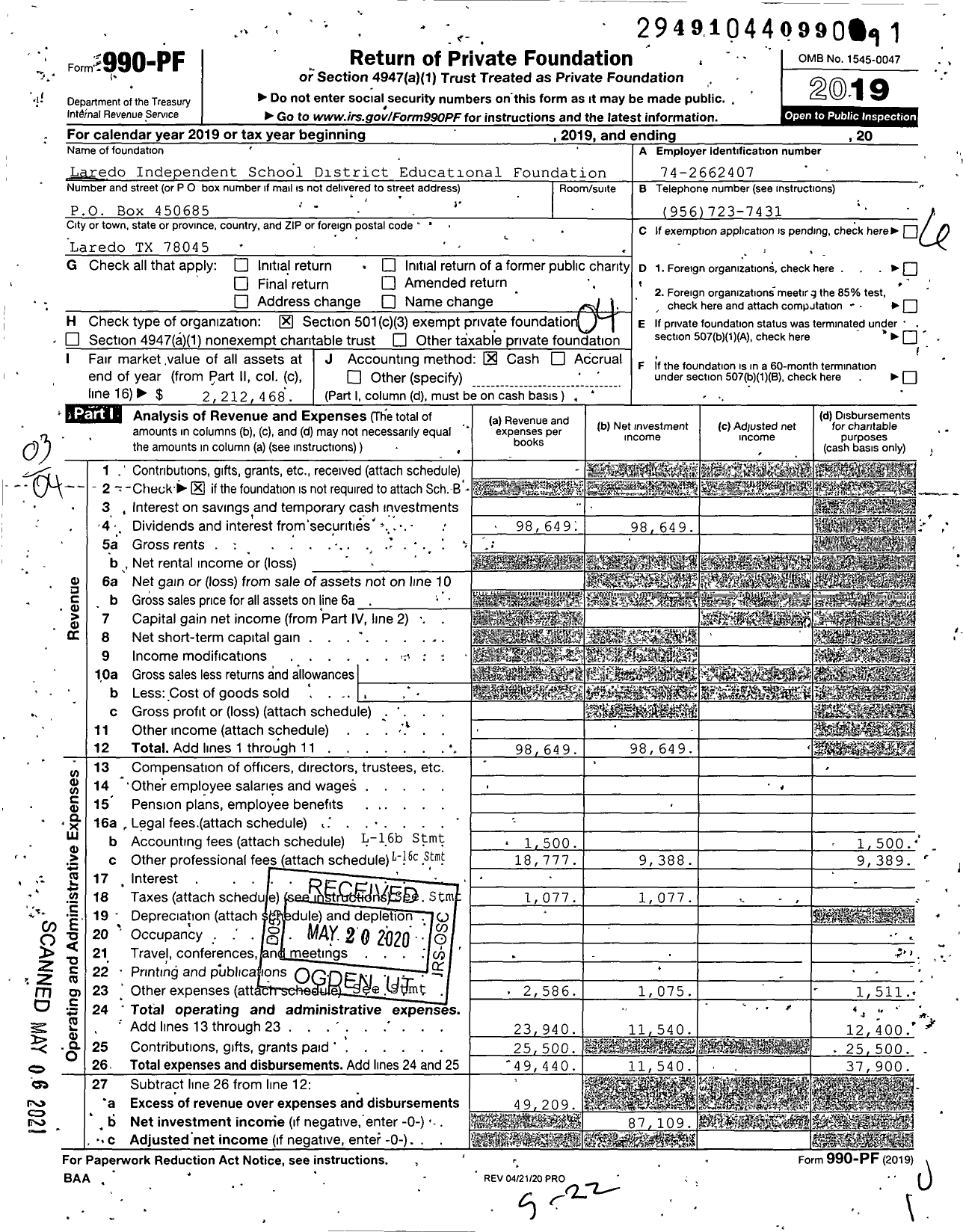 Image of first page of 2019 Form 990PF for Vidal M Trevino Scholarship Foundation