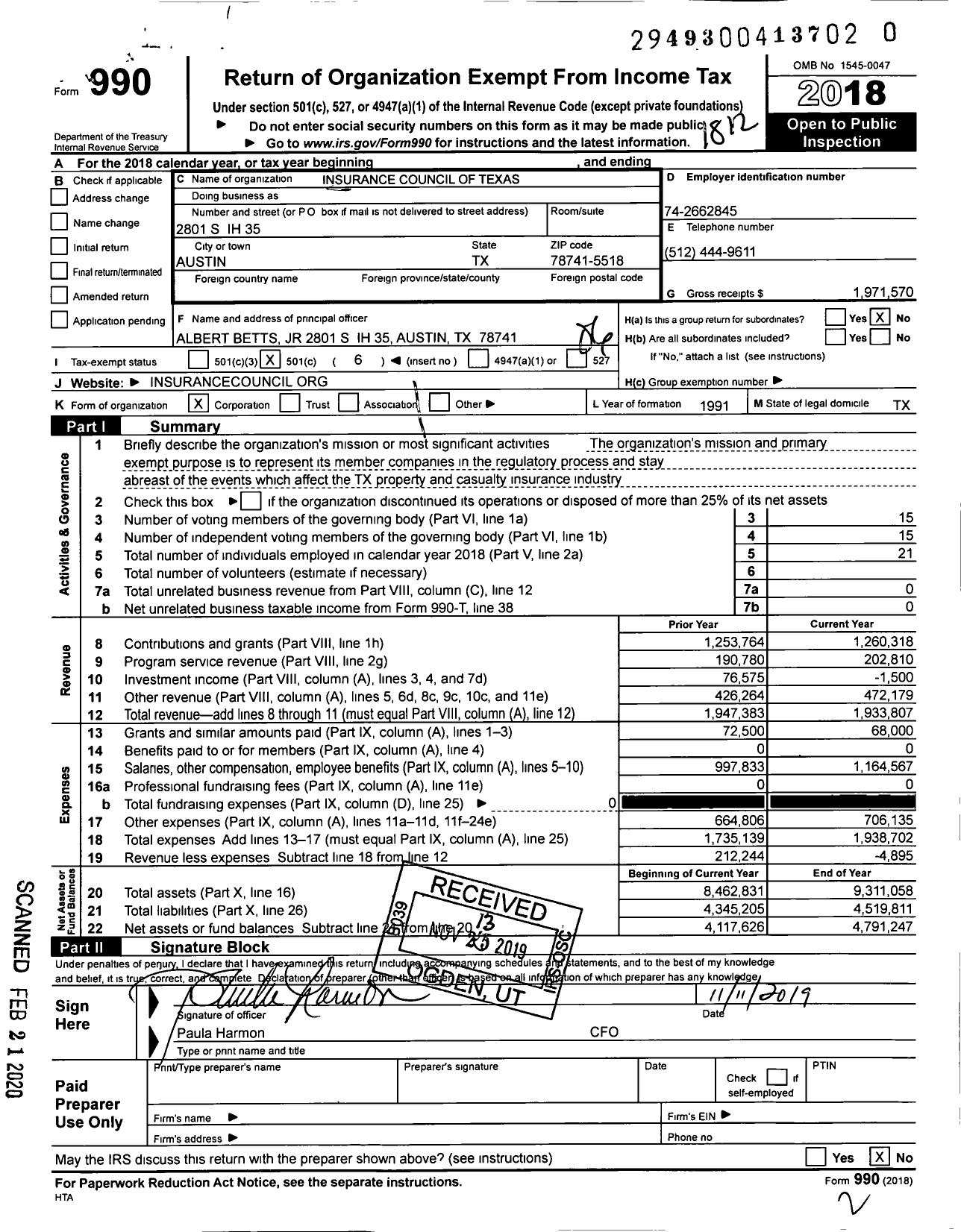 Image of first page of 2018 Form 990O for Insurance Council of Texas (ICT)