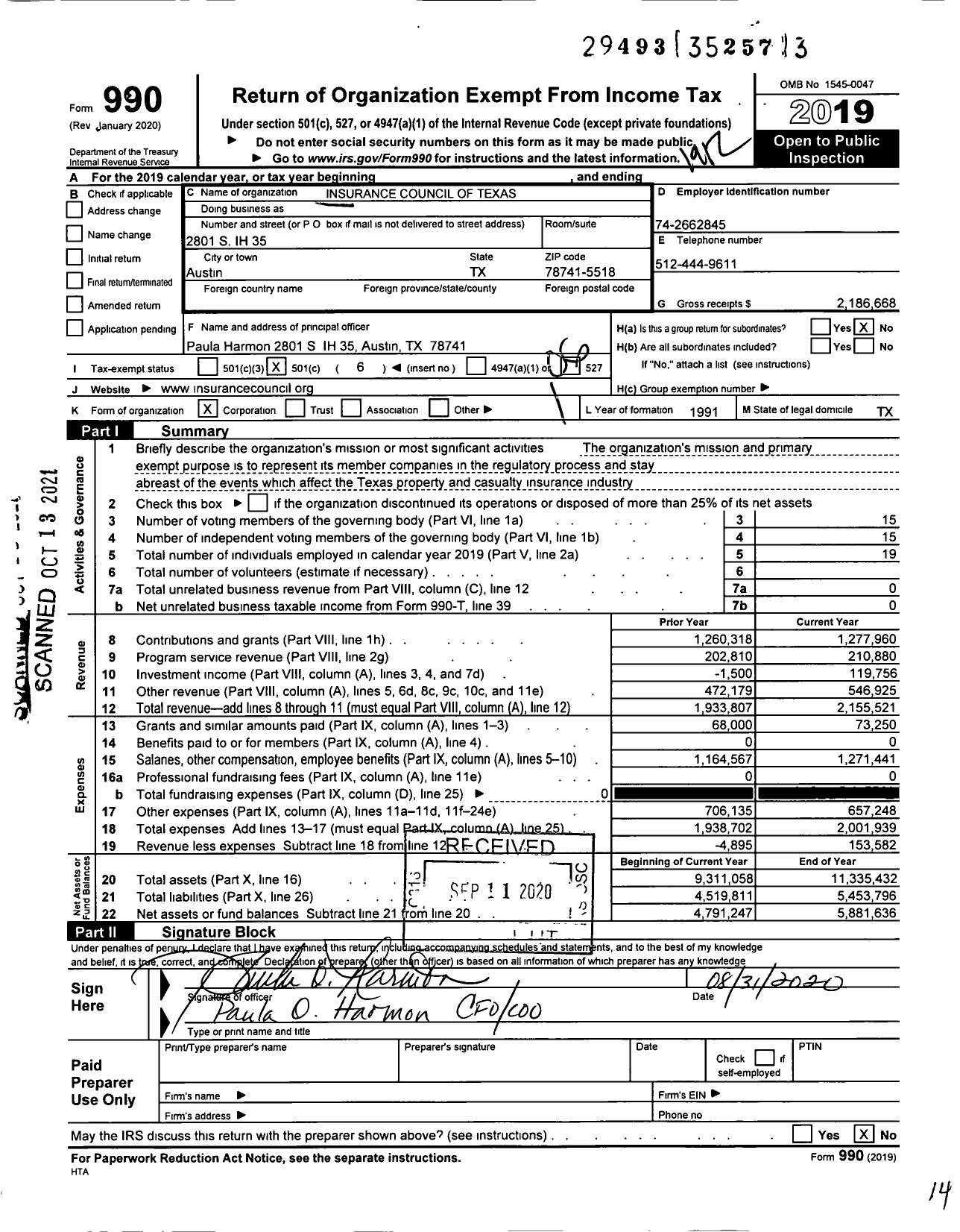 Image of first page of 2019 Form 990O for Insurance Council of Texas (ICT)