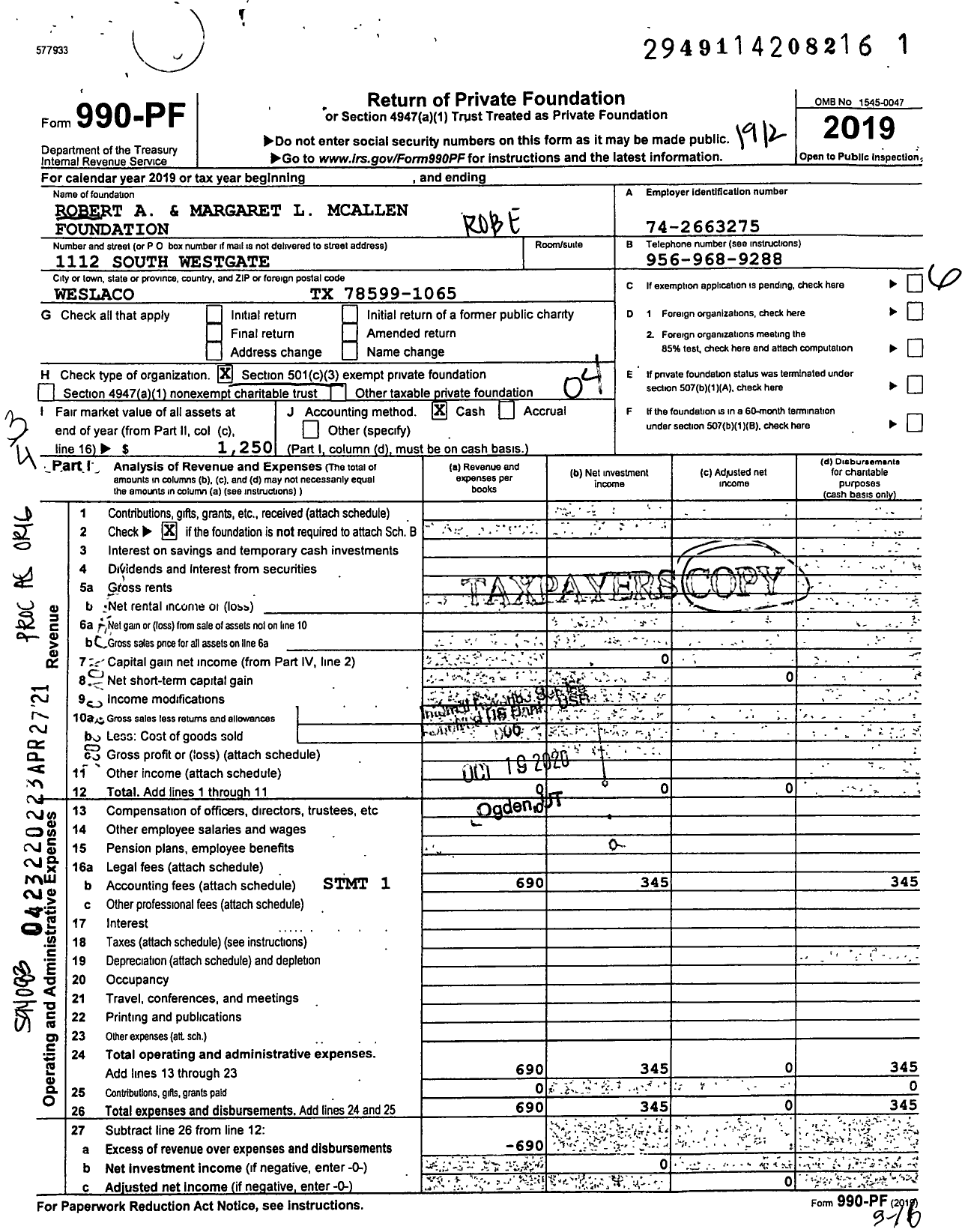 Image of first page of 2019 Form 990PF for Robert A and Margaret L Mcallen Foundation