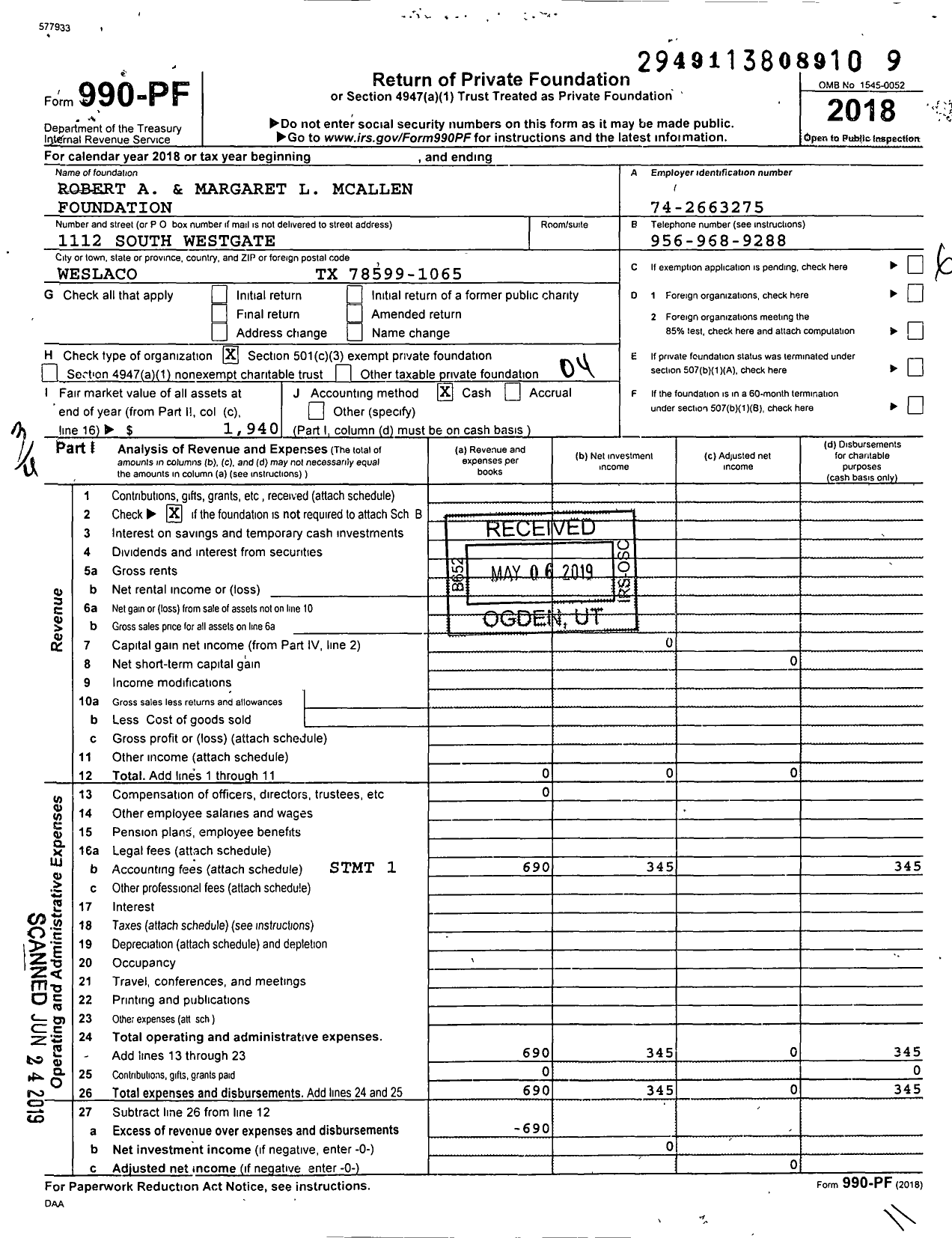 Image of first page of 2018 Form 990PF for Robert A and Margaret L Mcallen Foundation