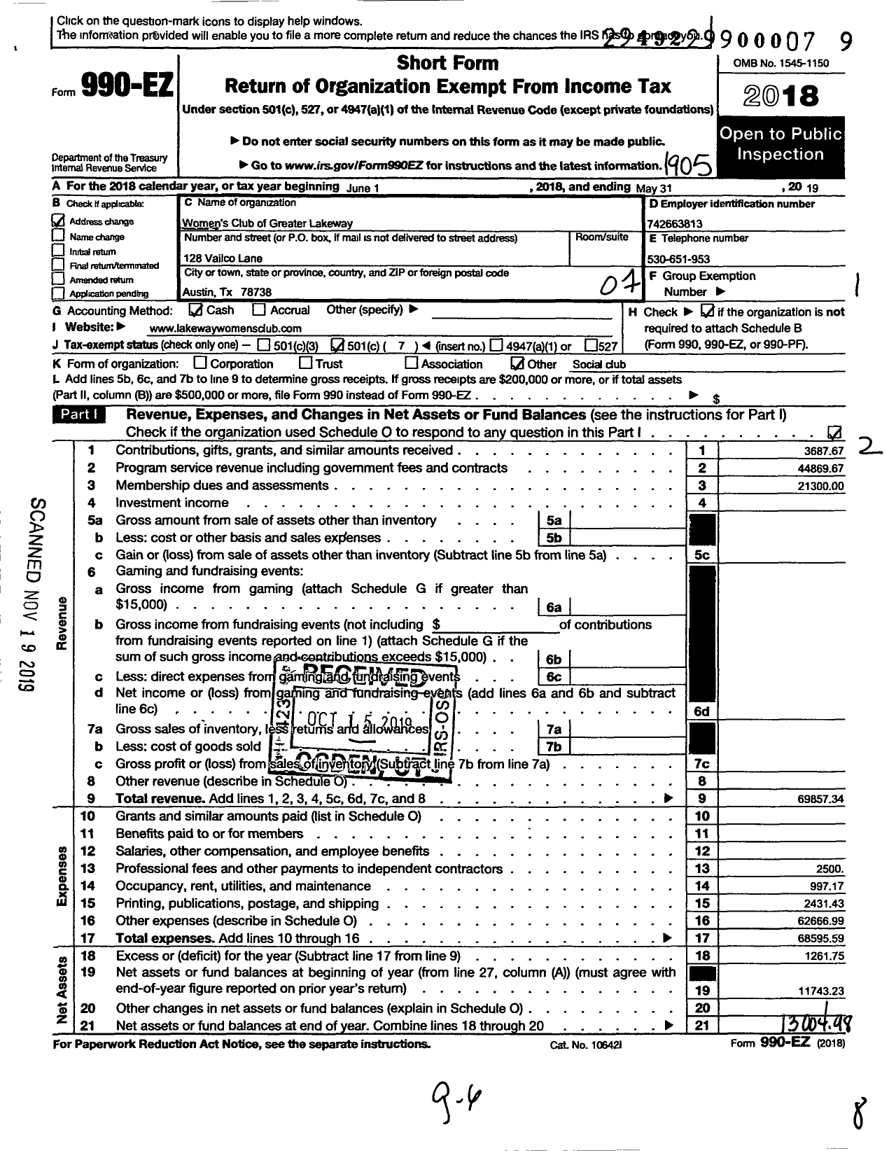 Image of first page of 2018 Form 990EO for Womens Club of Greater Lakeway