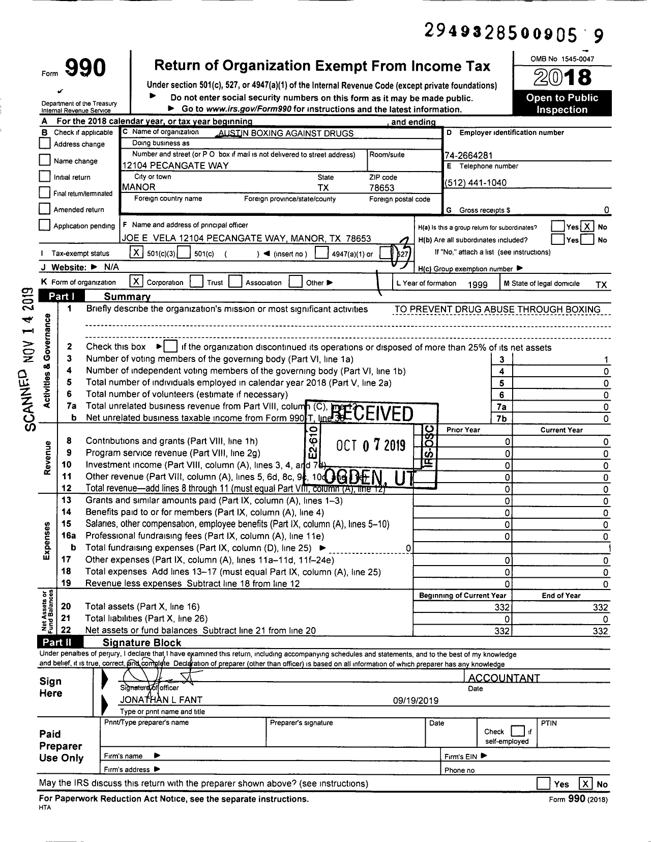 Image of first page of 2018 Form 990 for Austin Boxing Against Drugs