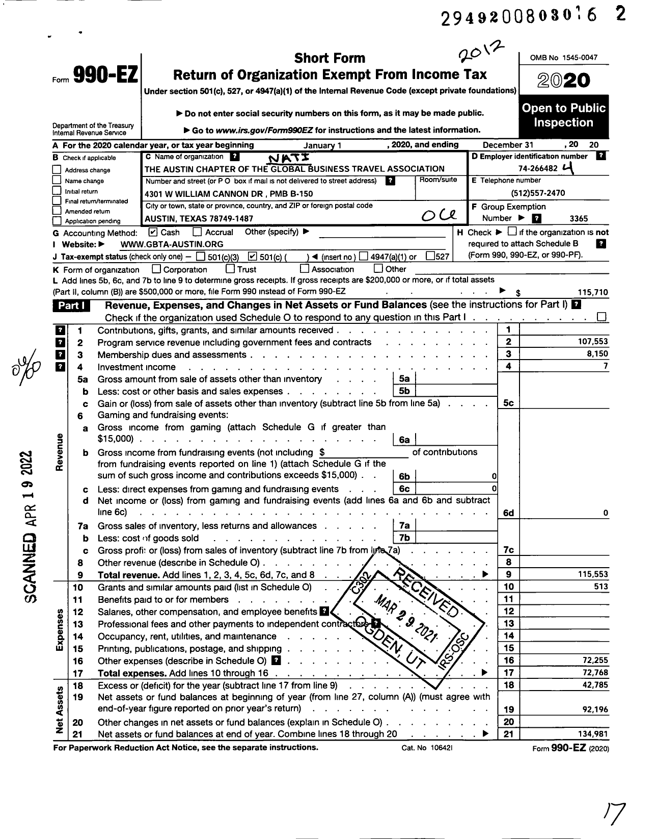 Image of first page of 2020 Form 990EO for The Austin Chapter of the Global Business Travel Association