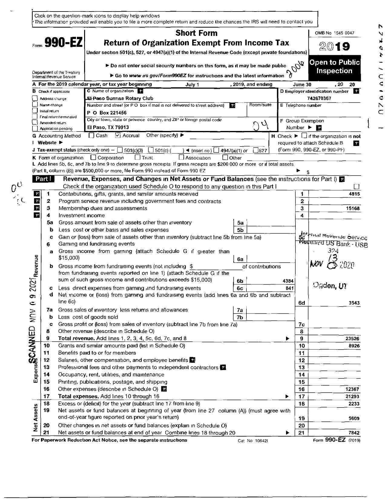 Image of first page of 2019 Form 990EO for Rotary INTERNATIONAL - El Paso Sunrise Rotary Club