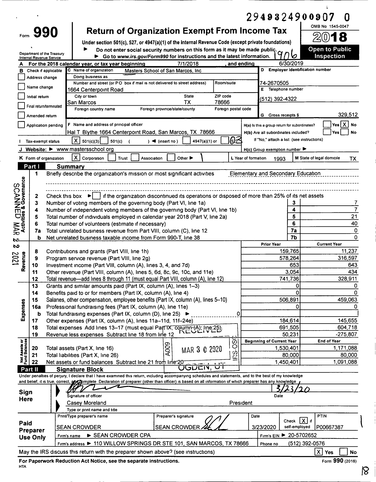 Image of first page of 2018 Form 990 for Masters School of San Marcos