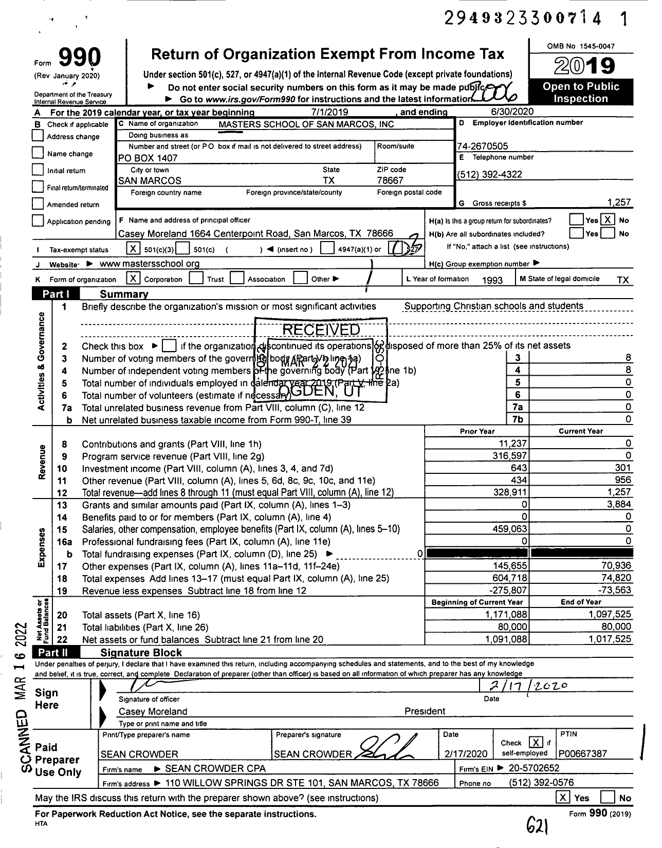 Image of first page of 2019 Form 990 for Masters School of San Marcos