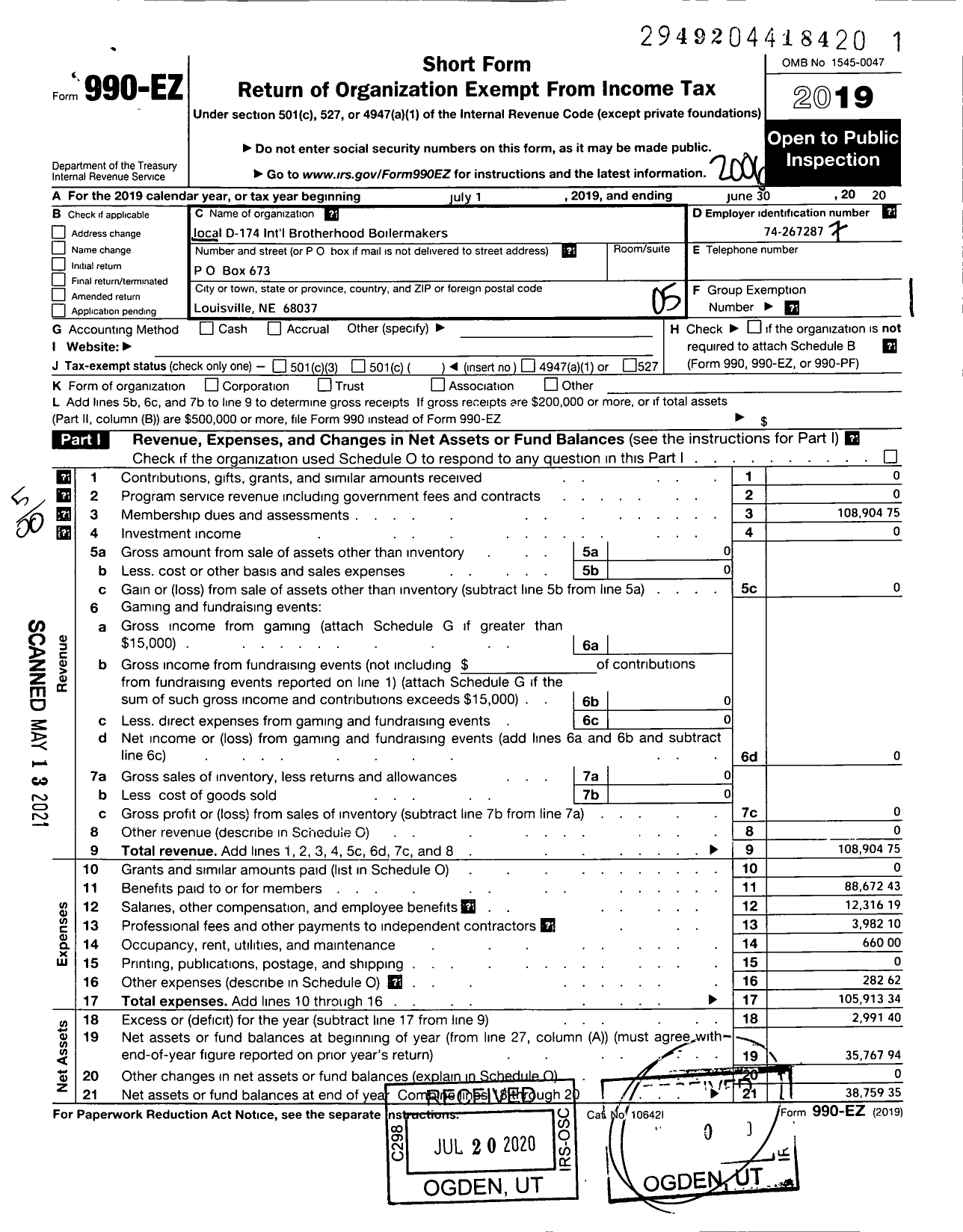 Image of first page of 2019 Form 990EO for International Brotherhood of Boilermakers - D174 Local