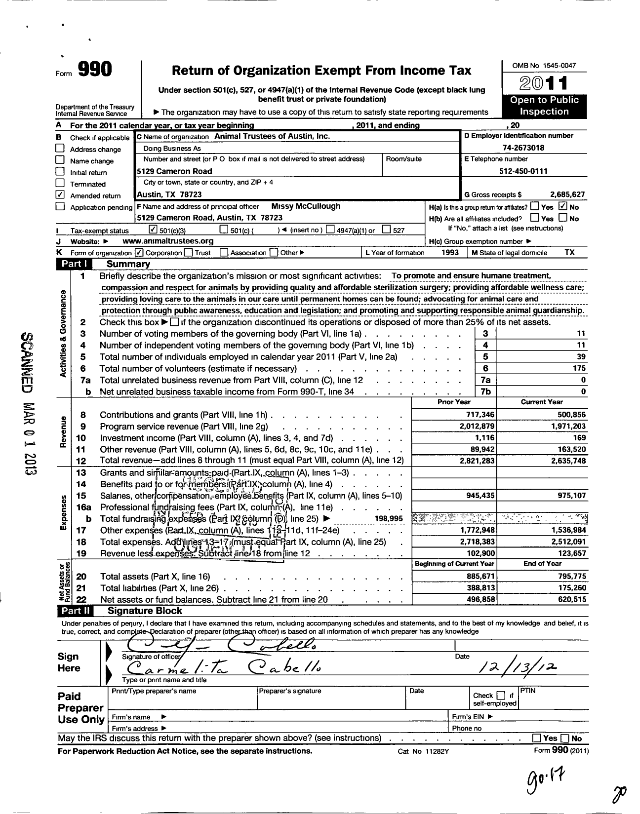 Image of first page of 2011 Form 990 for Animal Trustees of Austin