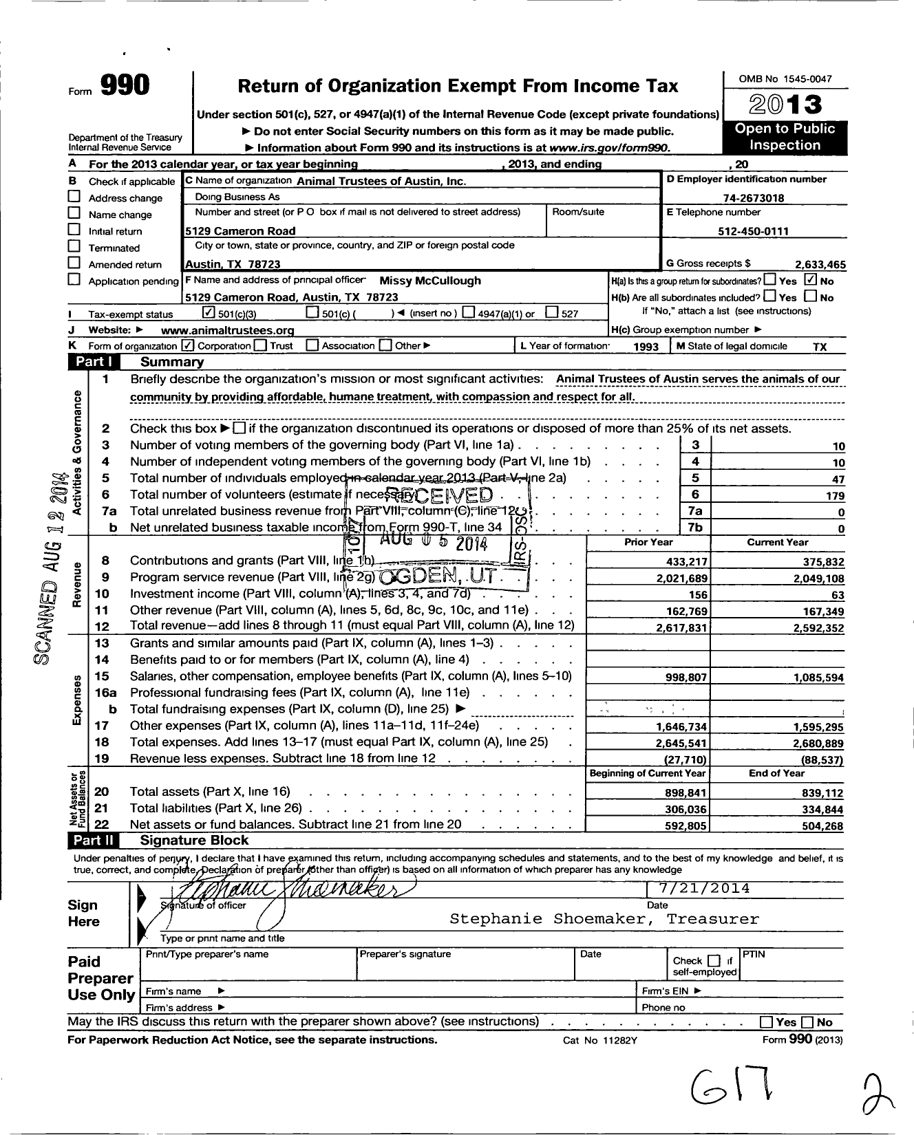 Image of first page of 2013 Form 990 for Animal Trustees of Austin