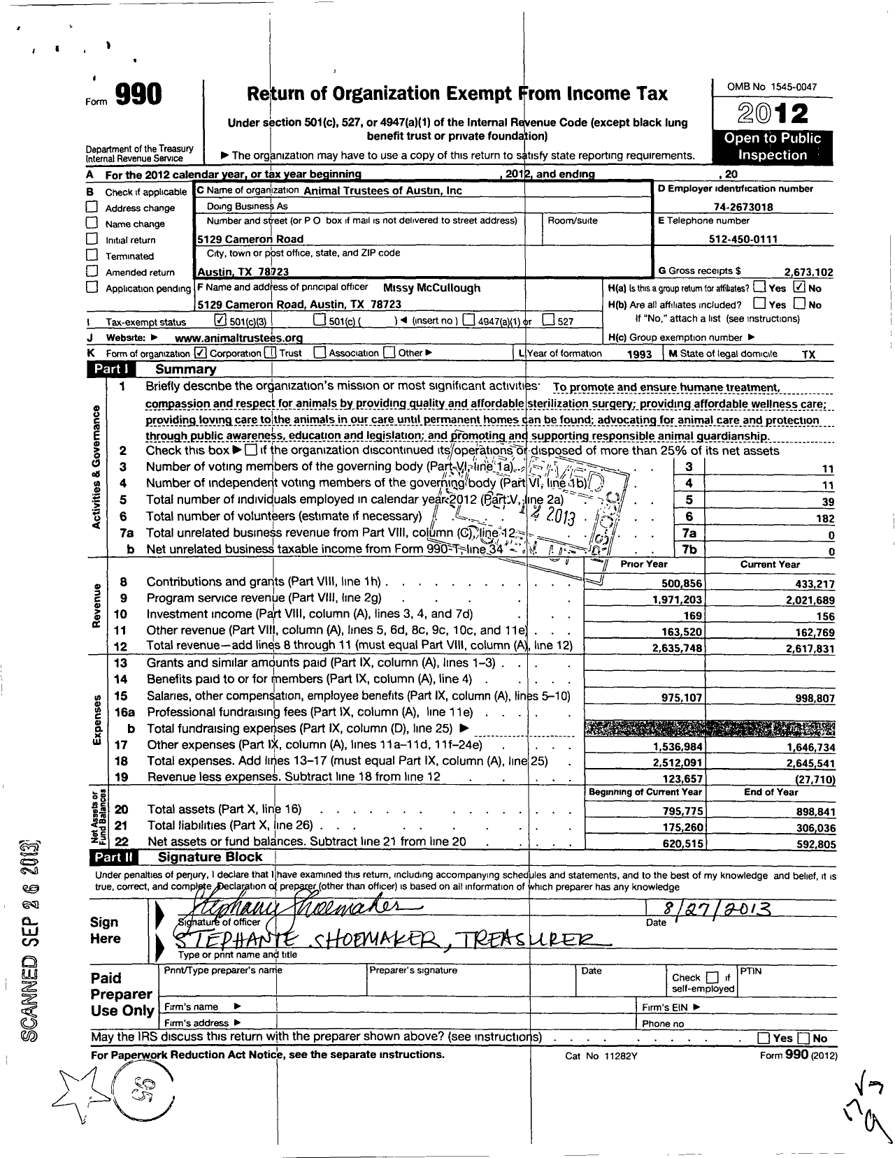 Image of first page of 2012 Form 990 for Animal Trustees of Austin