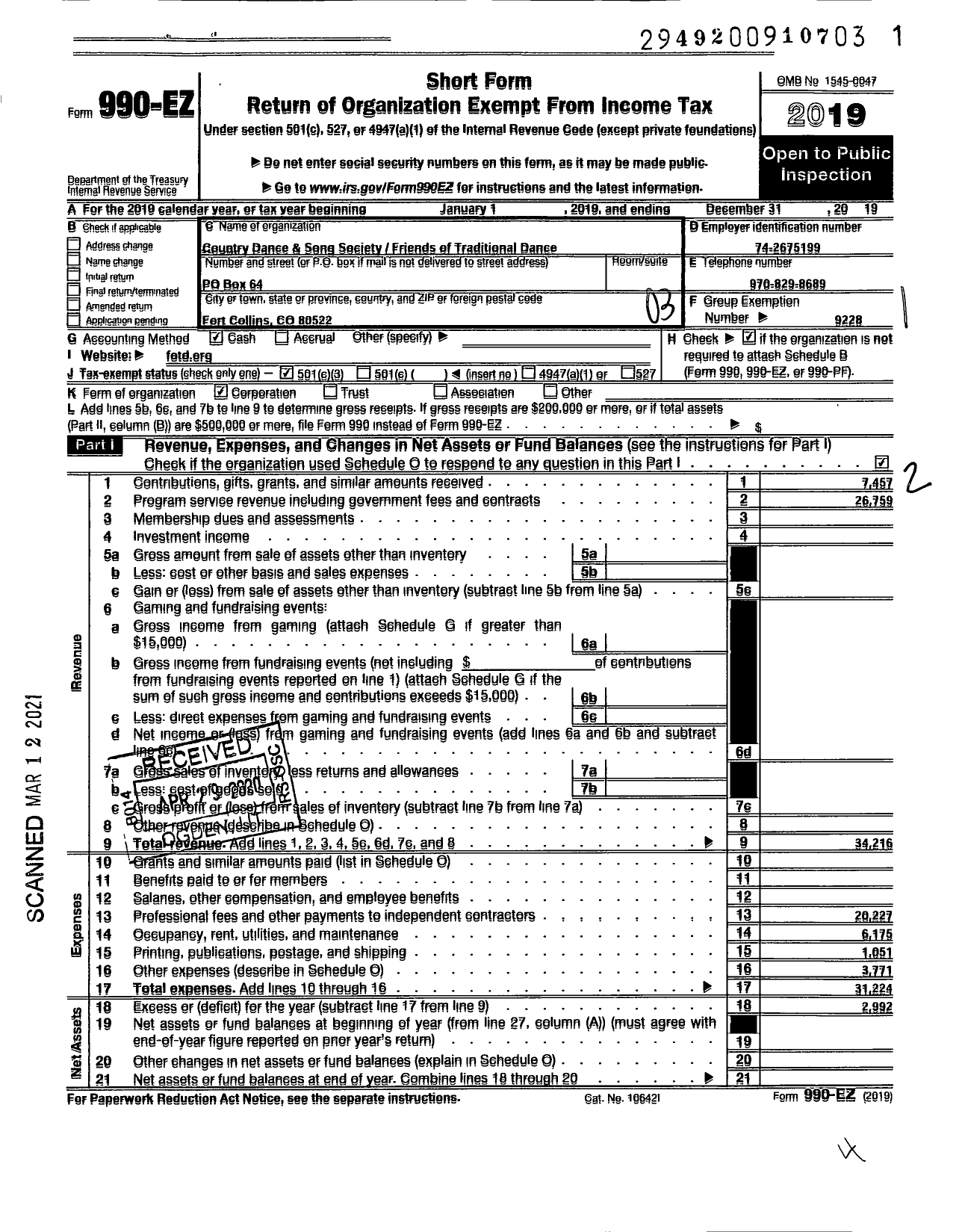 Image of first page of 2019 Form 990EZ for Country Dance and Song Society / Friends of Traditional Dance