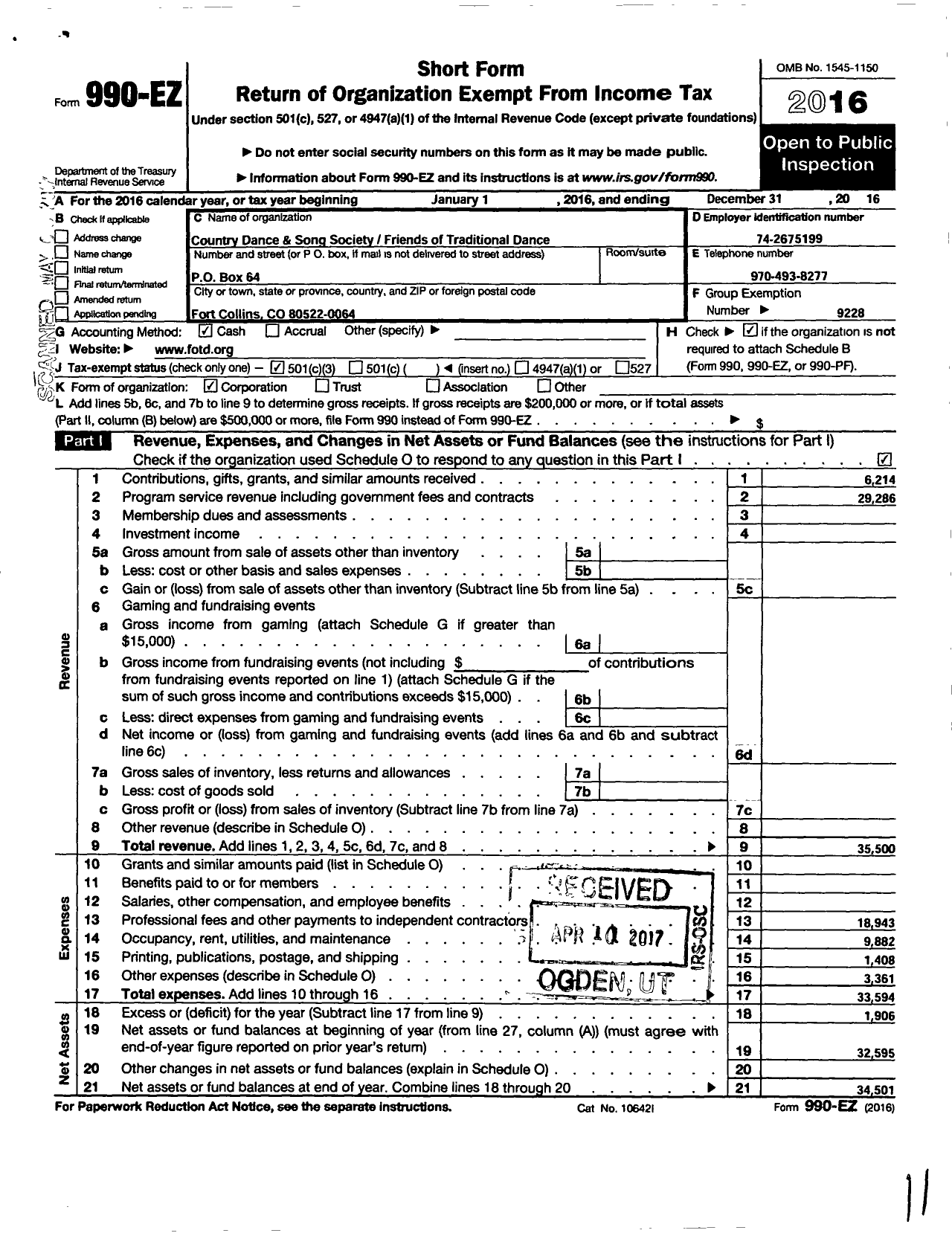 Image of first page of 2016 Form 990EZ for Country Dance and Song Society / Friends of Traditional Dance