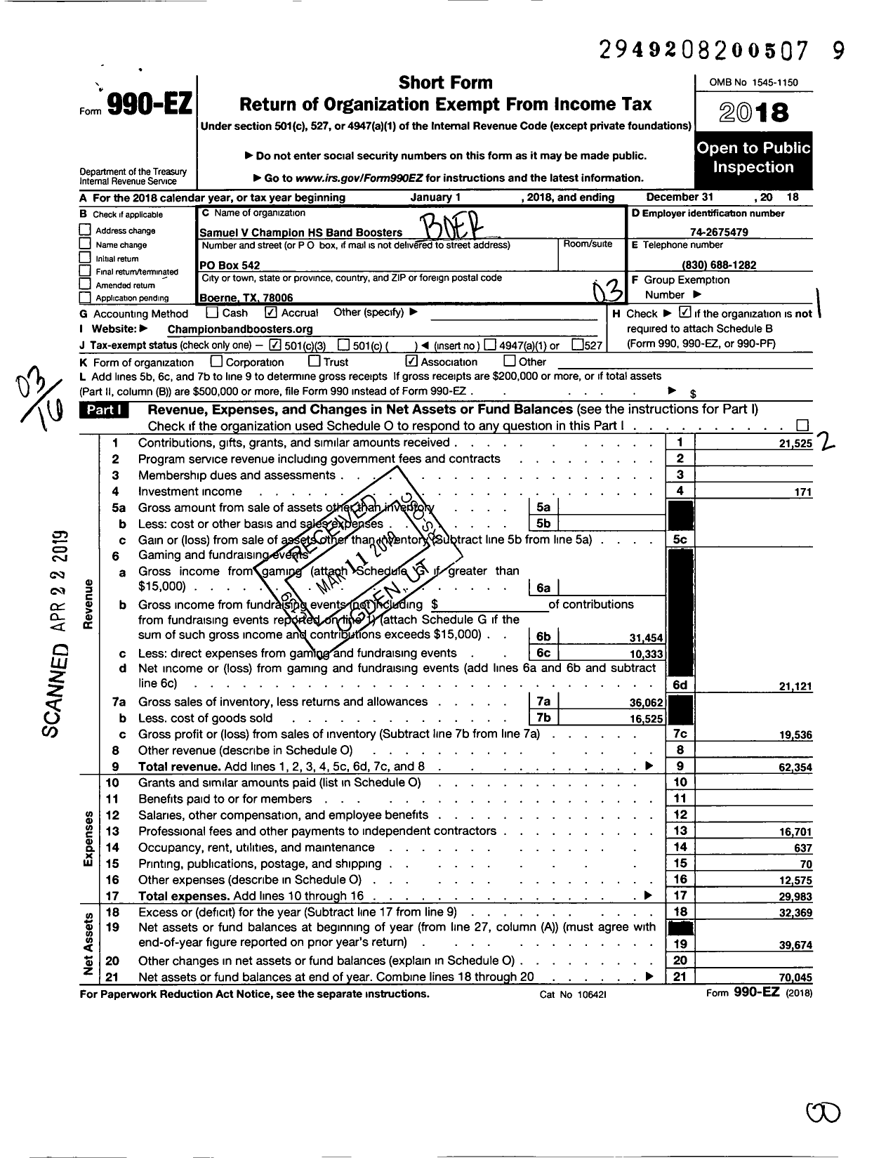 Image of first page of 2018 Form 990EZ for Boerne Samuel V Champion High School Band Boosters