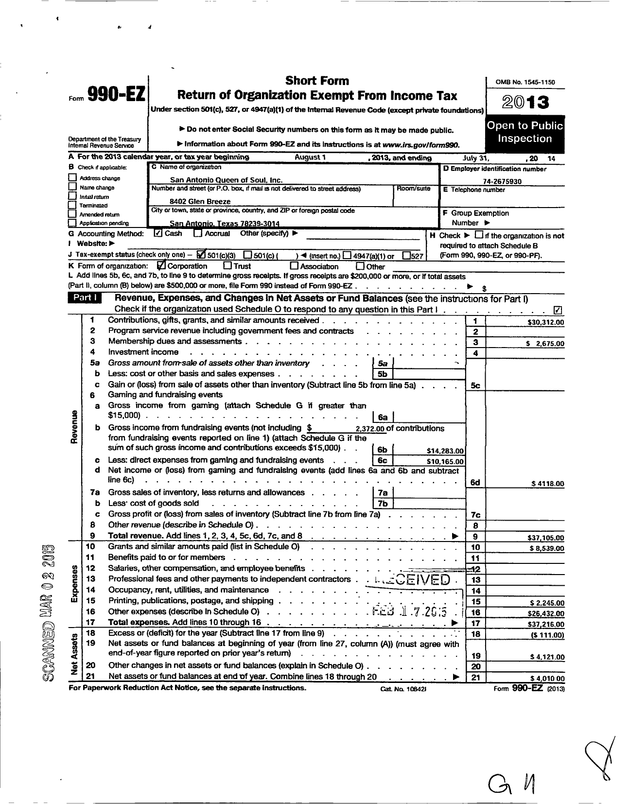 Image of first page of 2013 Form 990EZ for San Antonio Queen of Soul