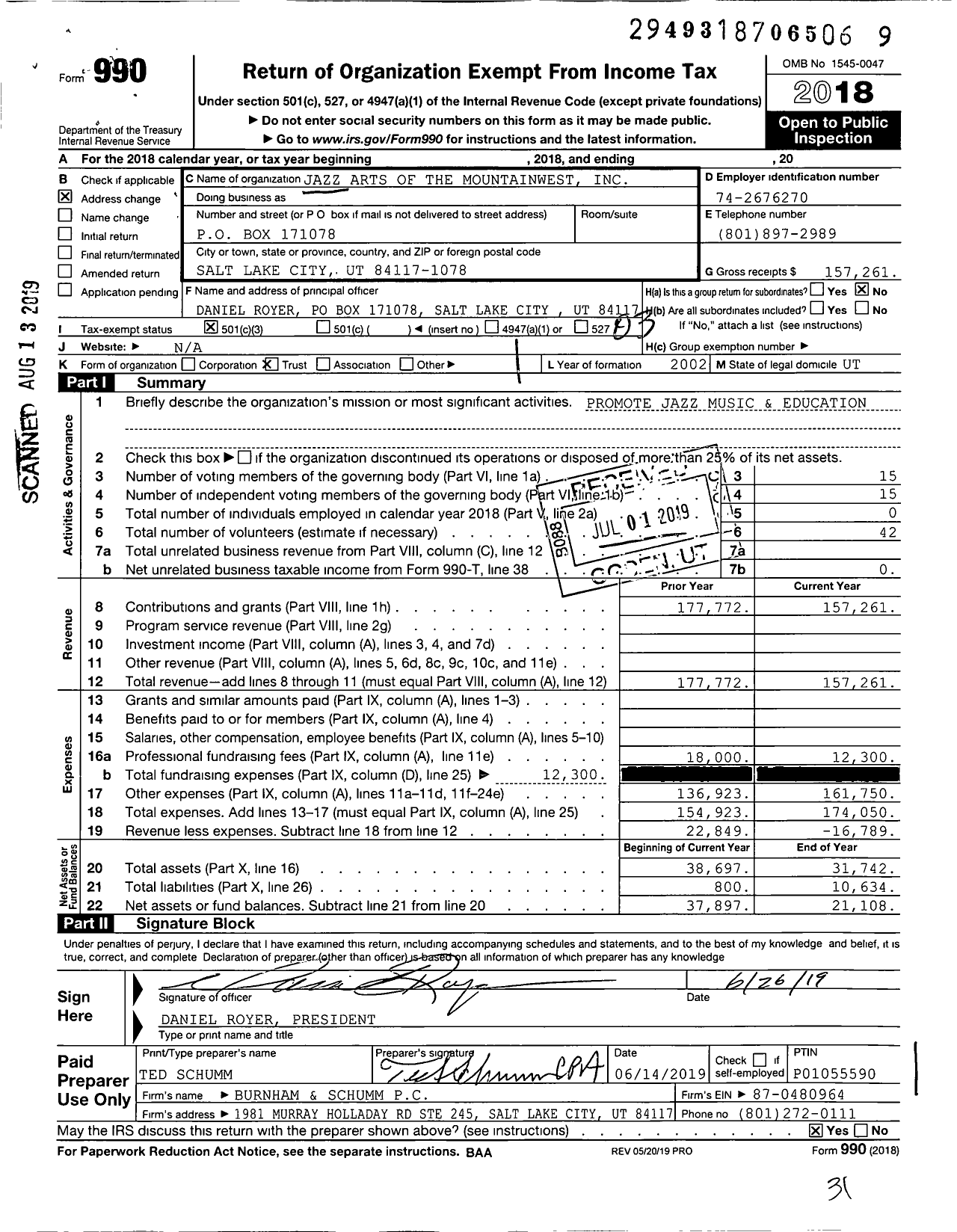 Image of first page of 2018 Form 990 for Jazz Arts of the Mountainwest