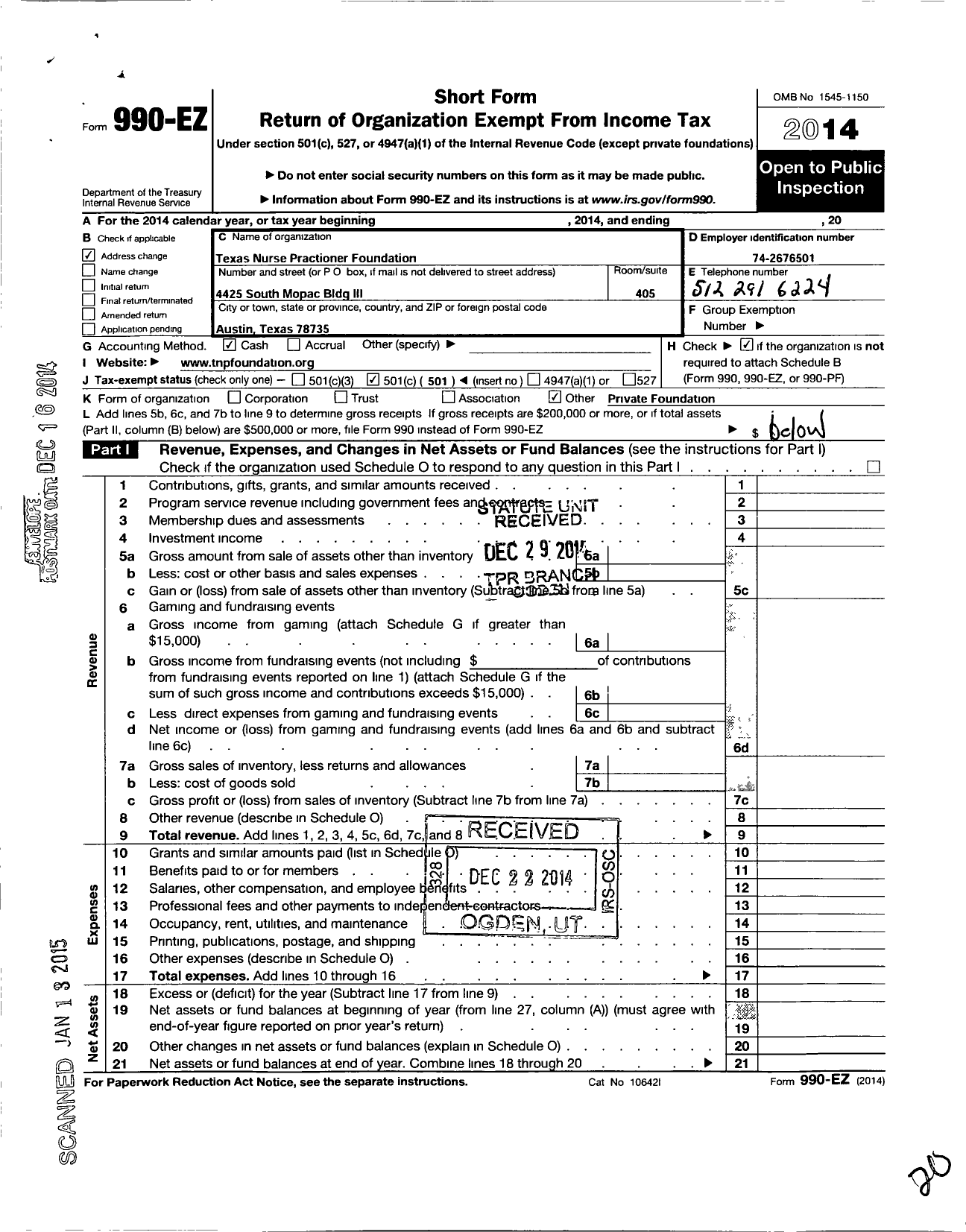 Image of first page of 2014 Form 990EO for Texas Nurse Practitioner Foundation