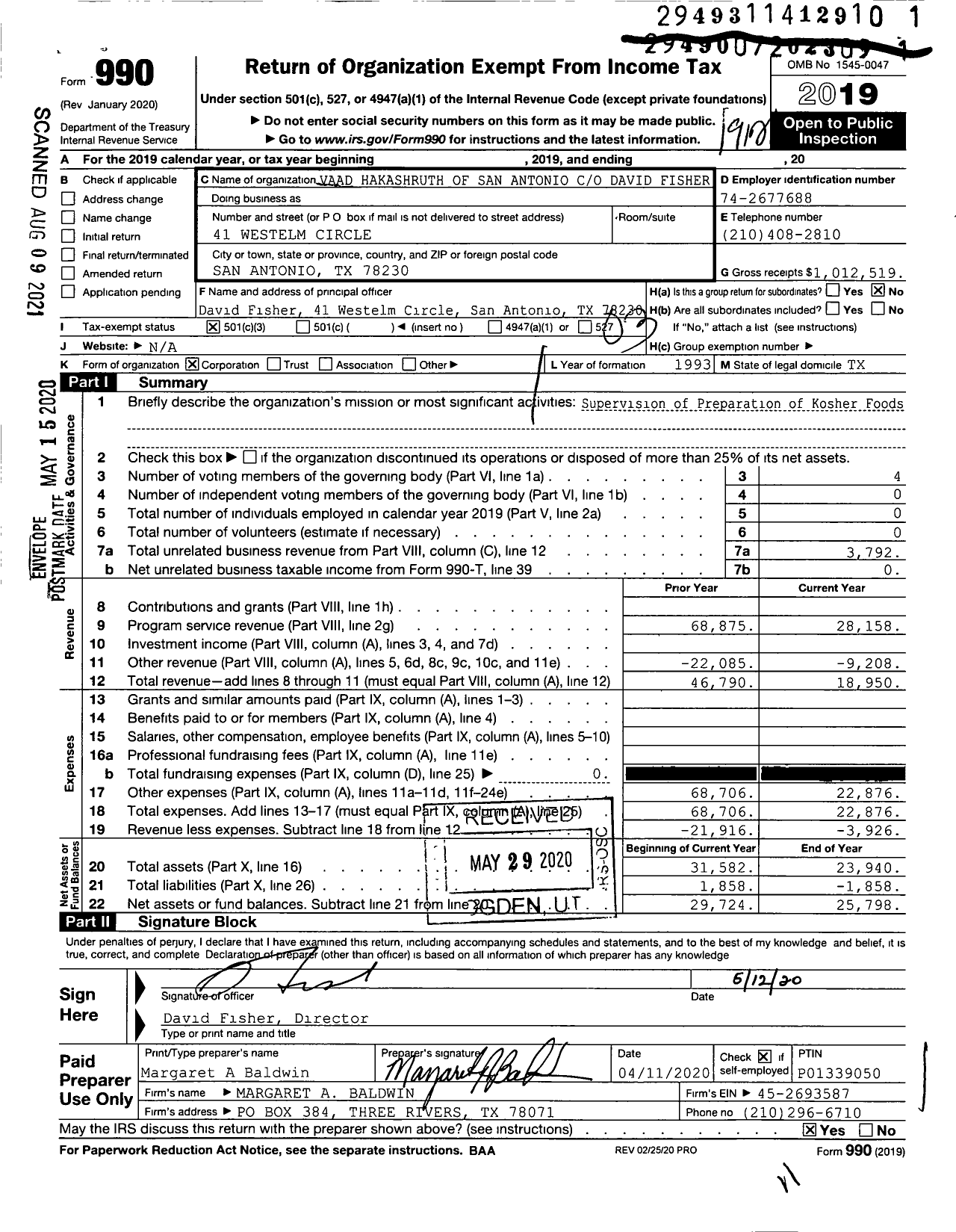 Image of first page of 2019 Form 990 for Vaad Hakashruth of San Antonio