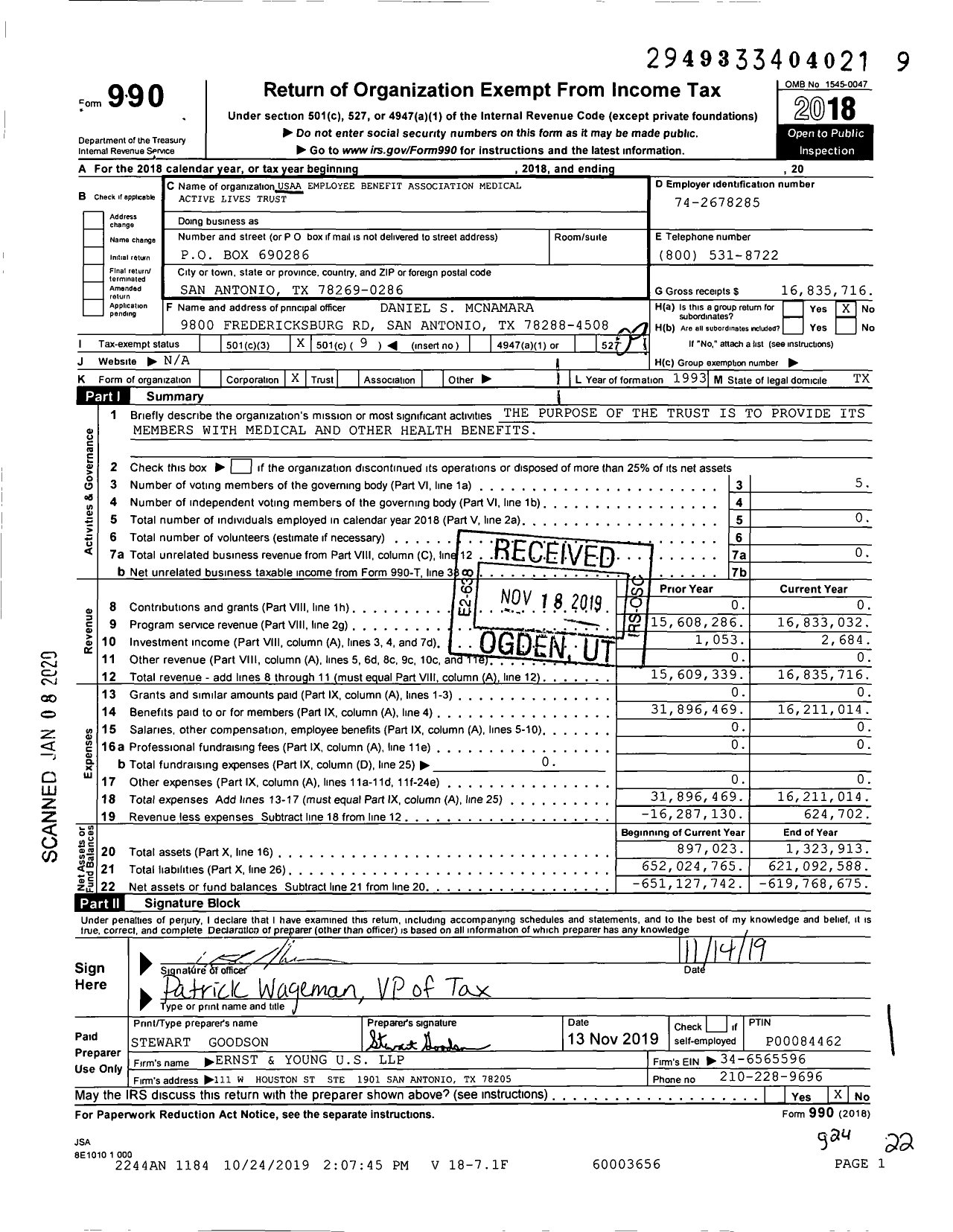 Image of first page of 2018 Form 990O for USAA Employee Benefit Association Medical Active Lives Trust