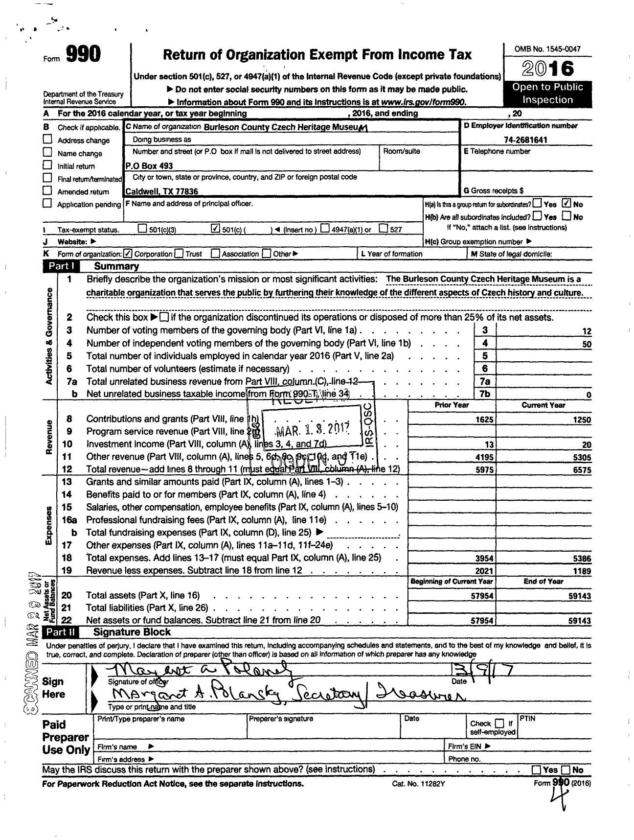 Image of first page of 2016 Form 990O for Burleson County Czech Heritage Museum