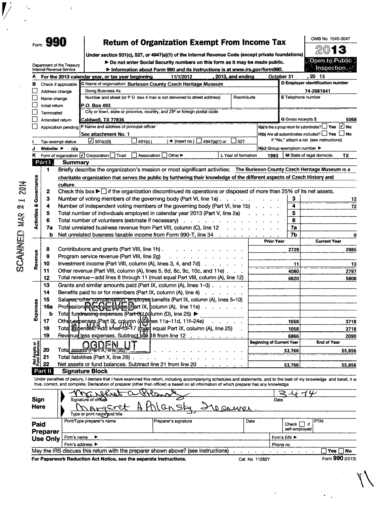 Image of first page of 2012 Form 990 for Burleson County Czech Heritage Museum