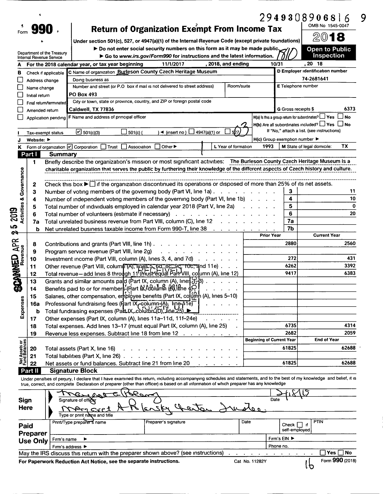 Image of first page of 2017 Form 990 for Burleson County Czech Heritage Museum