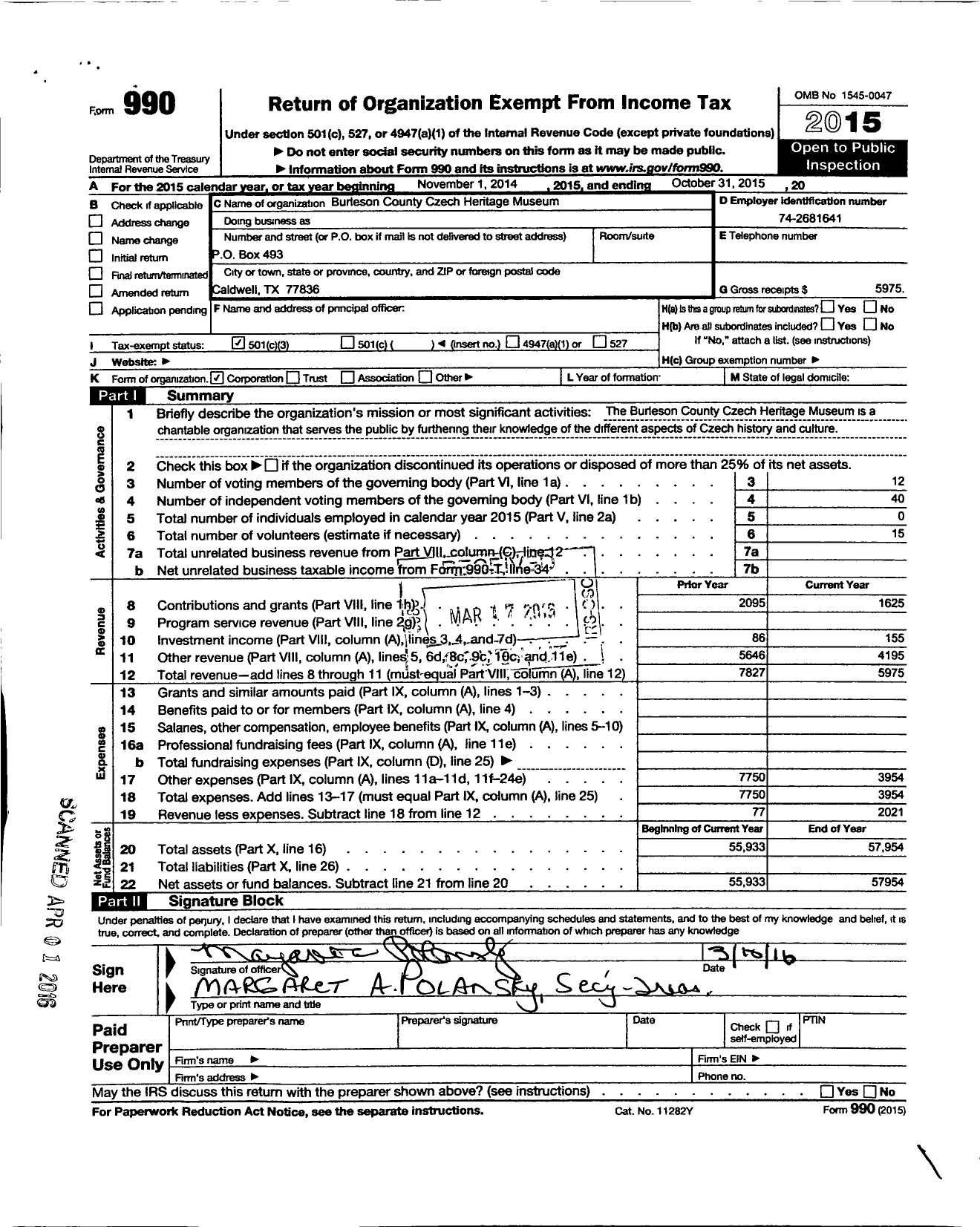 Image of first page of 2014 Form 990 for Burleson County Czech Heritage Museum