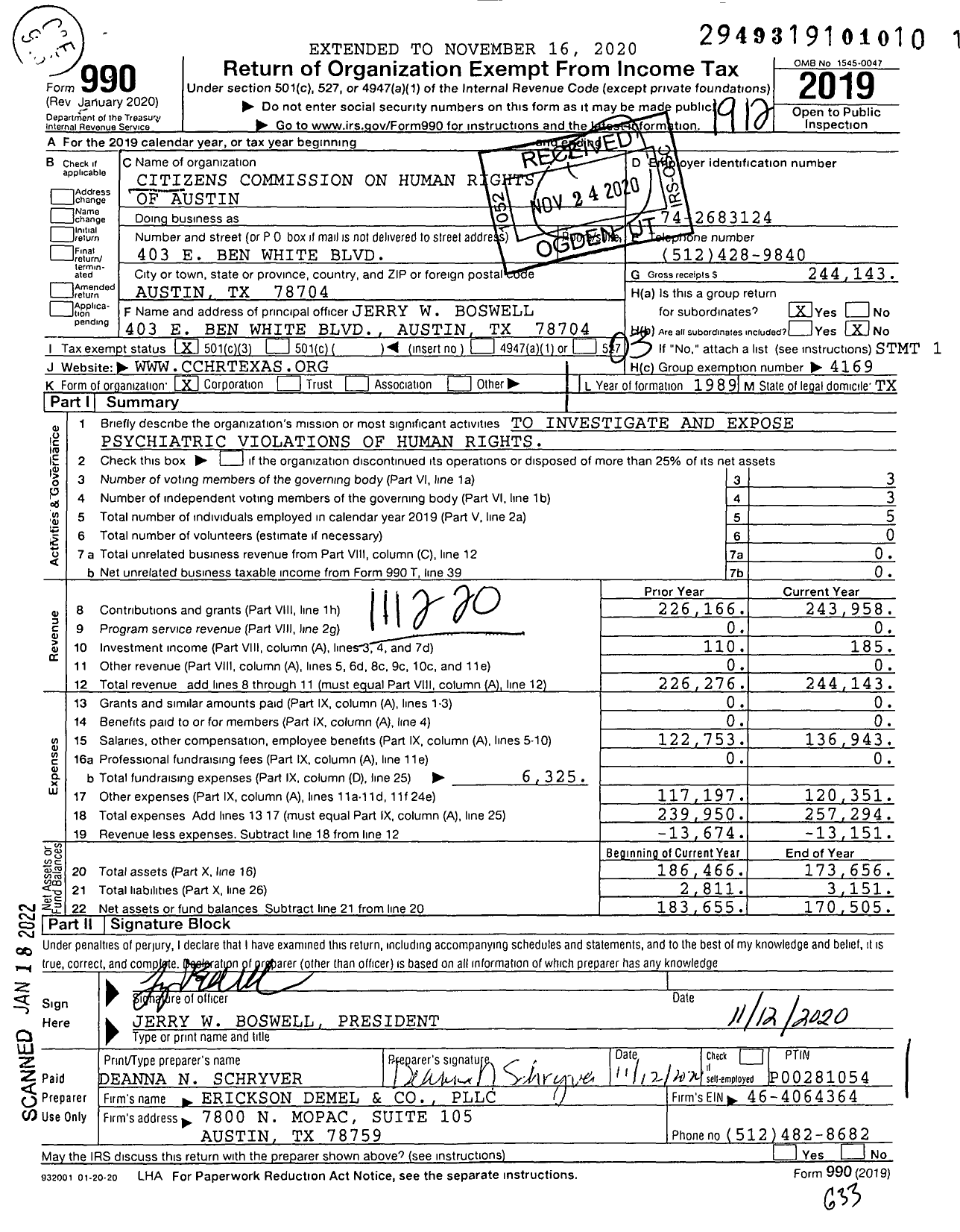 Image of first page of 2019 Form 990 for Citizens Commission on Human Rights of Austin