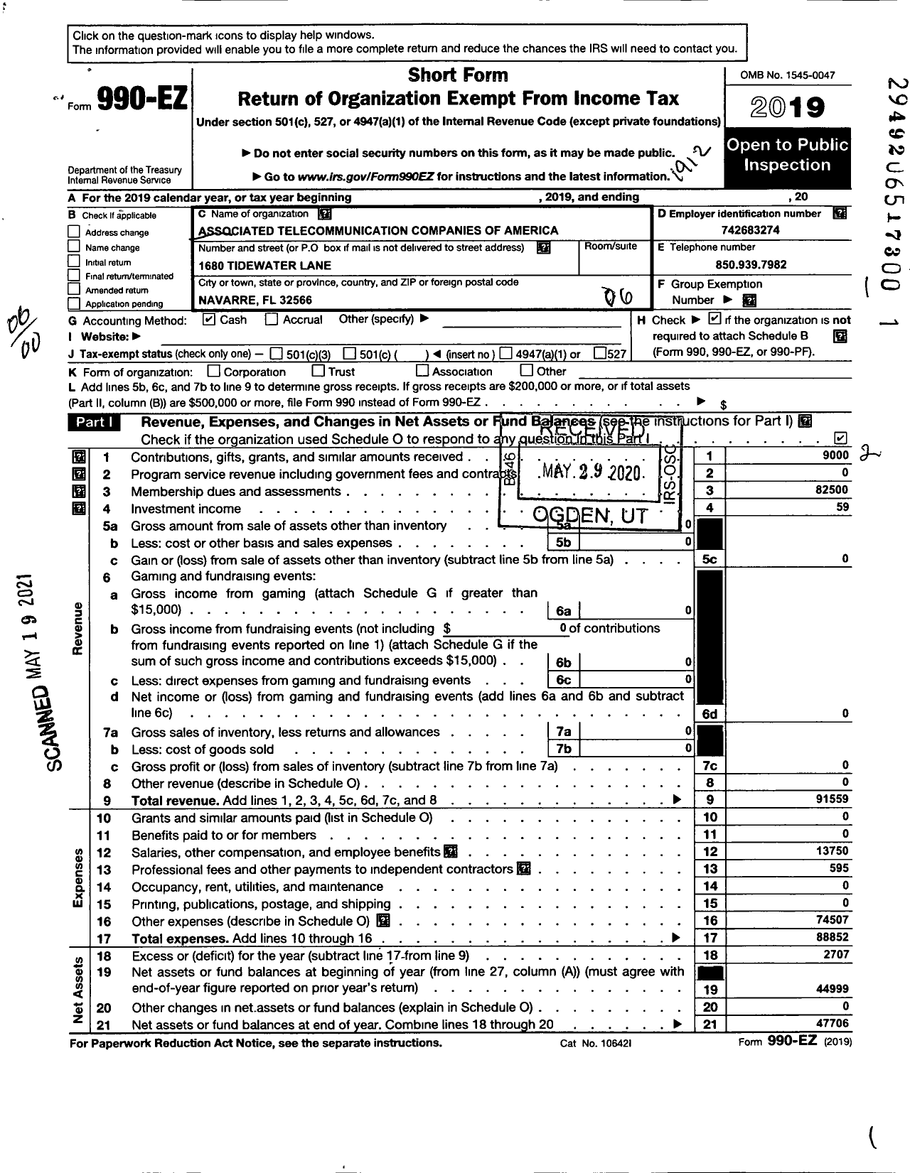 Image of first page of 2019 Form 990EO for Associated Telecommunication Companies of America