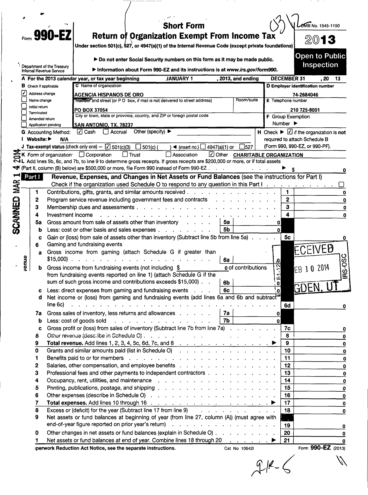 Image of first page of 2013 Form 990EZ for Agencia Hispanos de Oro