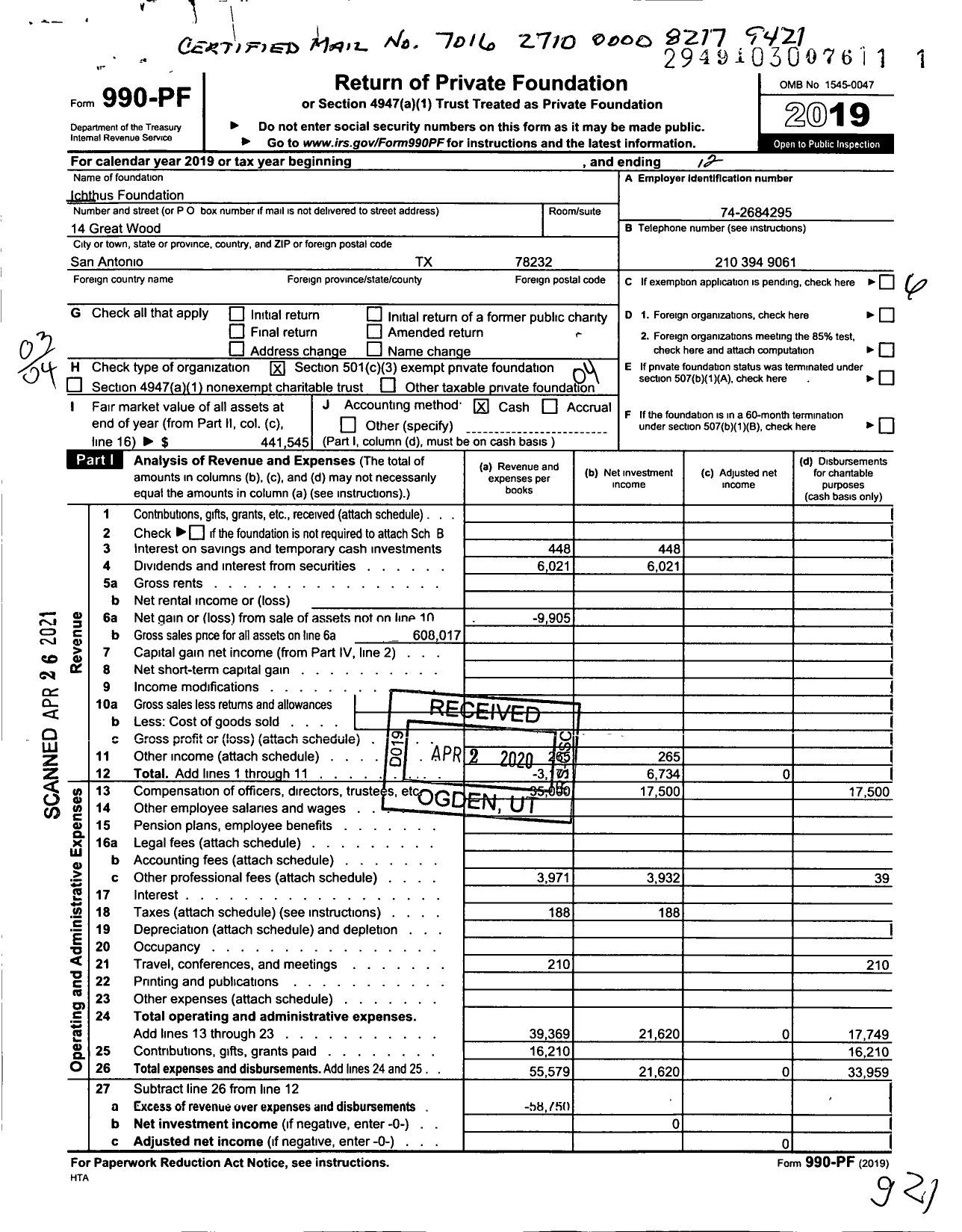 Image of first page of 2019 Form 990PF for Madalene Cain Foundation