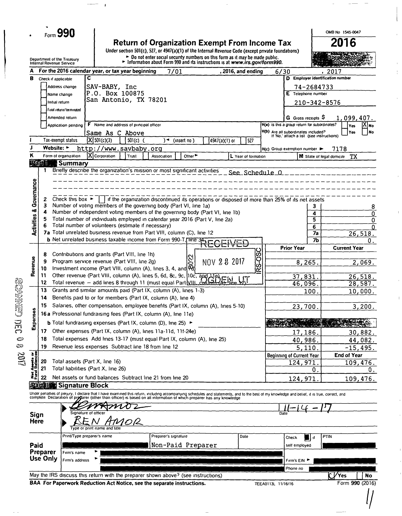 Image of first page of 2016 Form 990 for Sav-Baby