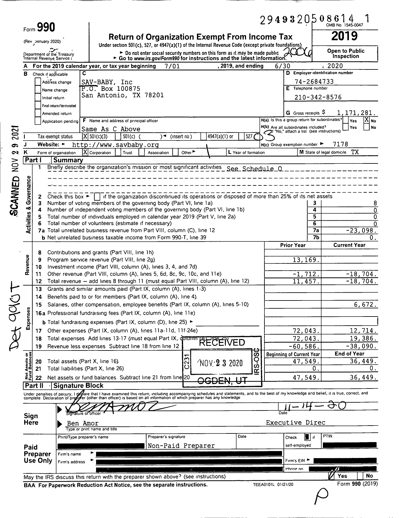 Image of first page of 2019 Form 990 for Sav-Baby