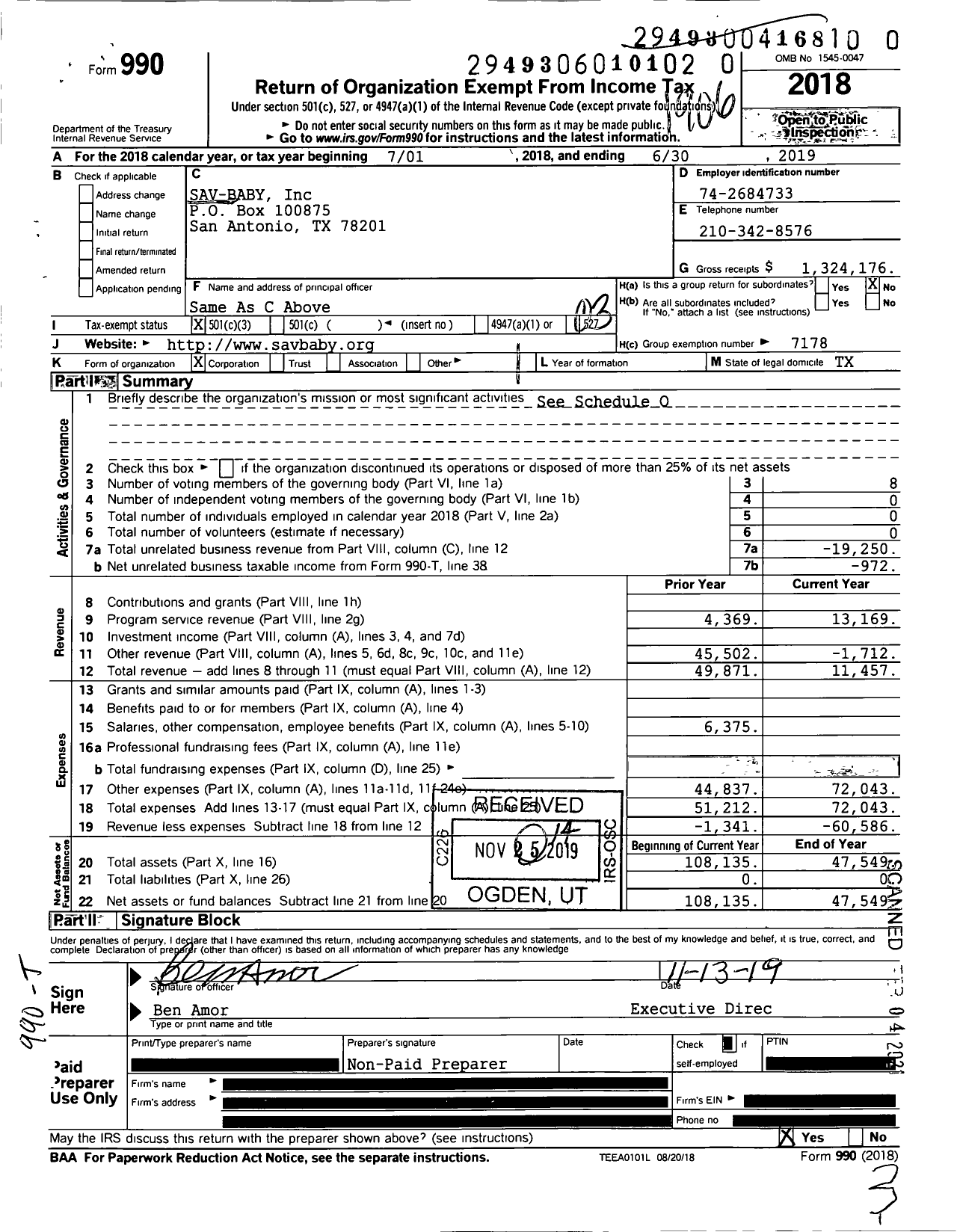 Image of first page of 2018 Form 990 for Sav-Baby