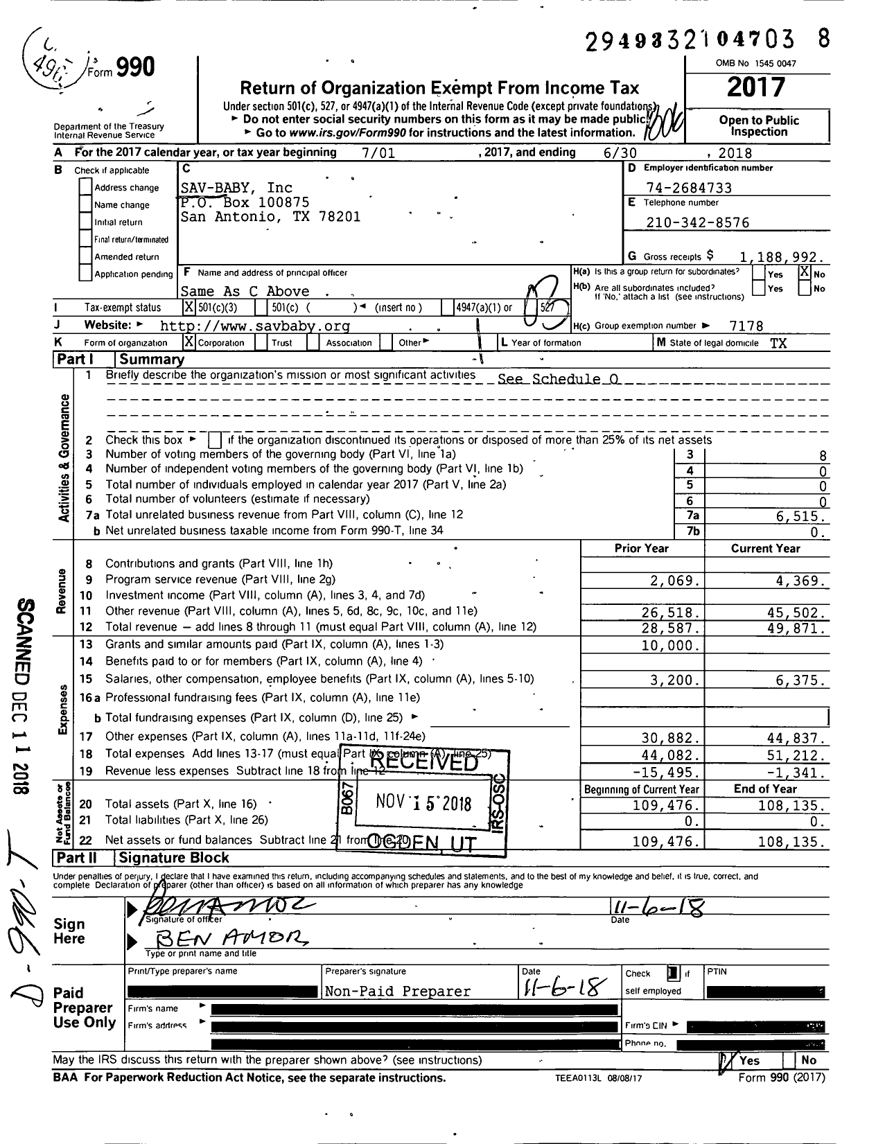 Image of first page of 2017 Form 990 for Sav-Baby