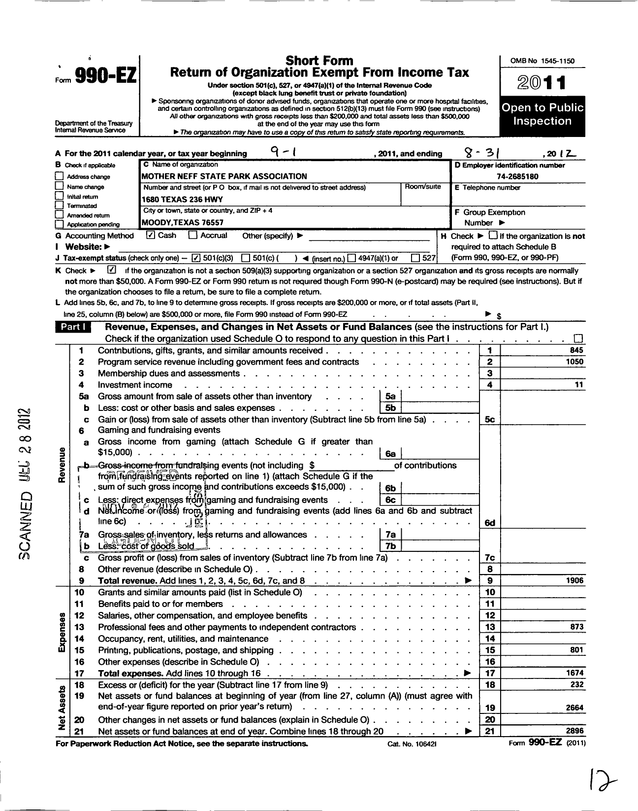 Image of first page of 2011 Form 990EZ for Mother Neff State Park Association