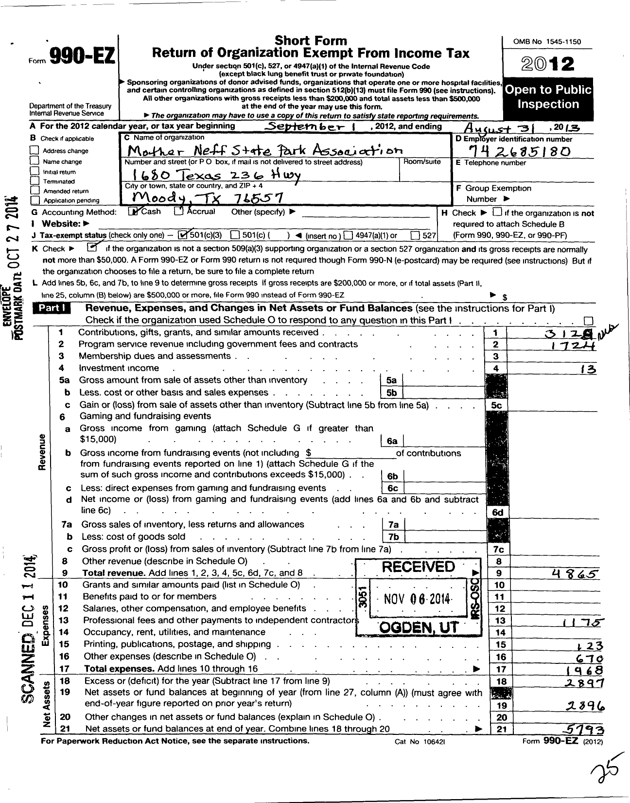 Image of first page of 2012 Form 990EZ for Mother Neff State Park Association