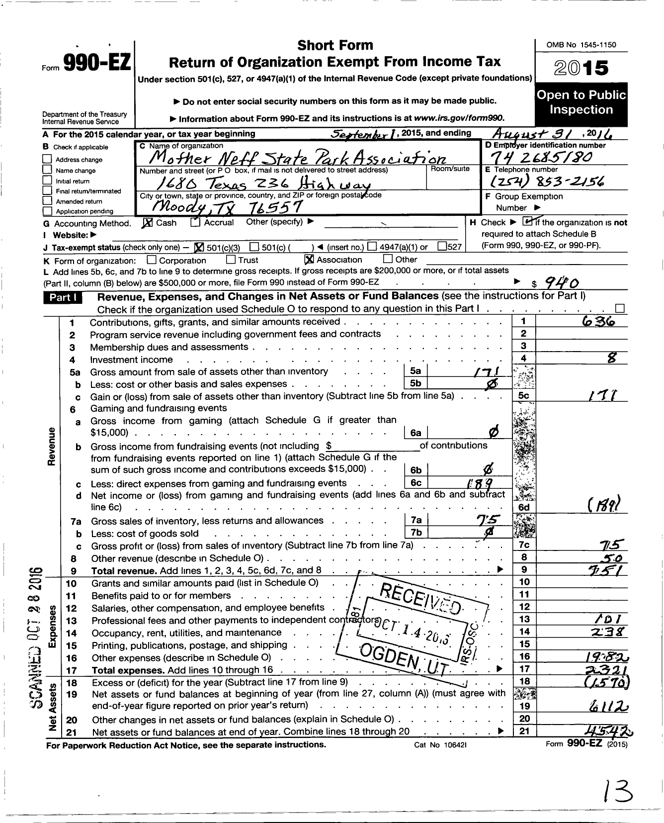 Image of first page of 2015 Form 990EZ for Mother Neff State Park Association