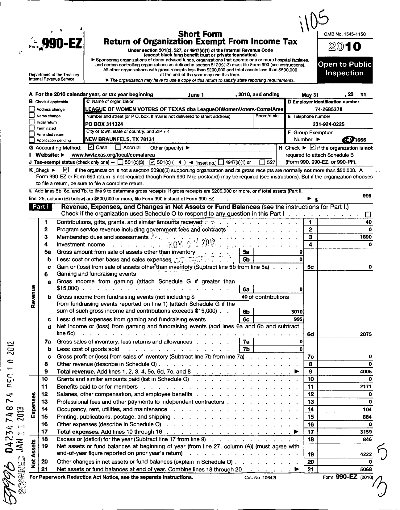 Image of first page of 2010 Form 990EO for League of Women Voters of Texas / Leagueofwomenvoters Comalarea