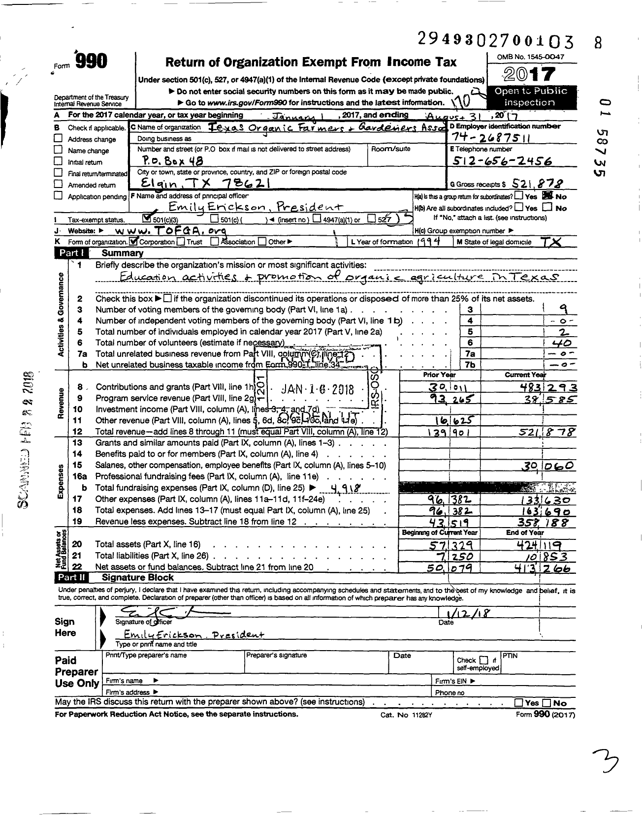 Image of first page of 2016 Form 990 for Texas Organic Farmers And Gardeners Association