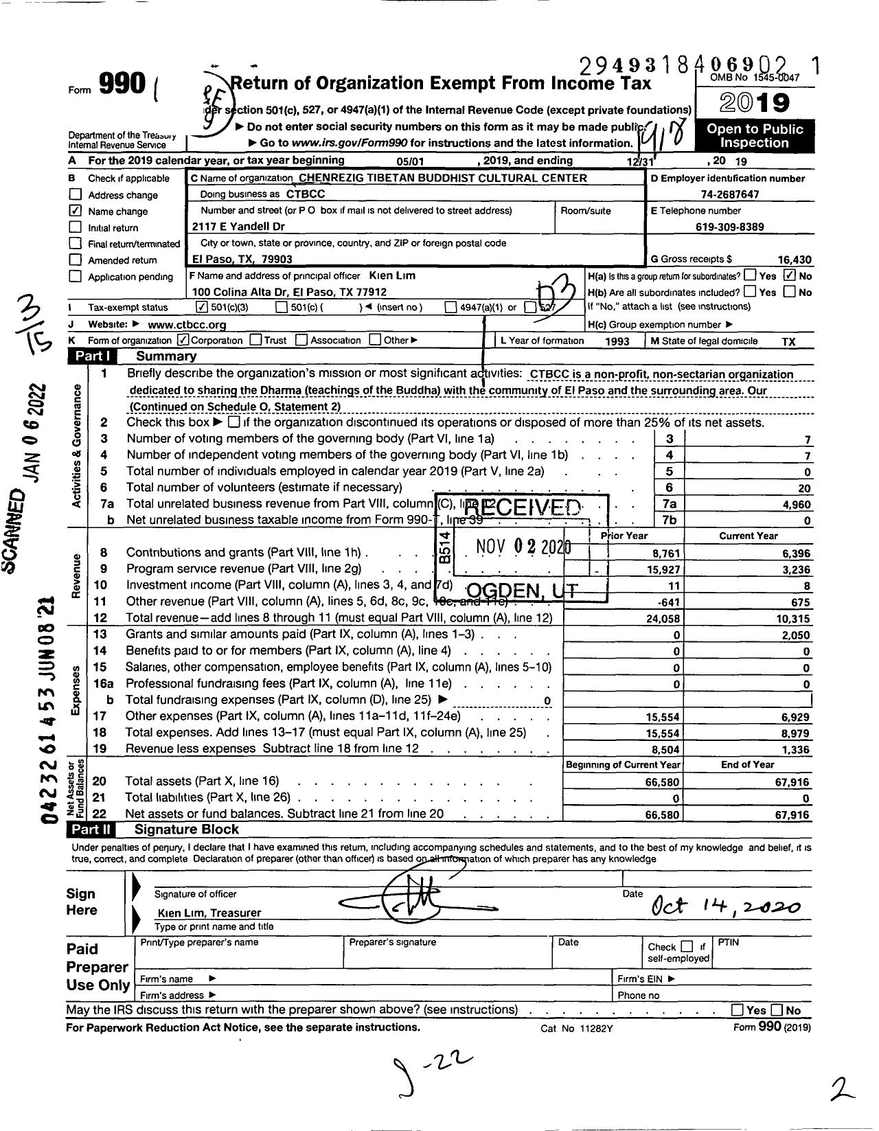 Image of first page of 2019 Form 990 for Chenrezig Tibetan Buddist Cultural Center (CTBCC)