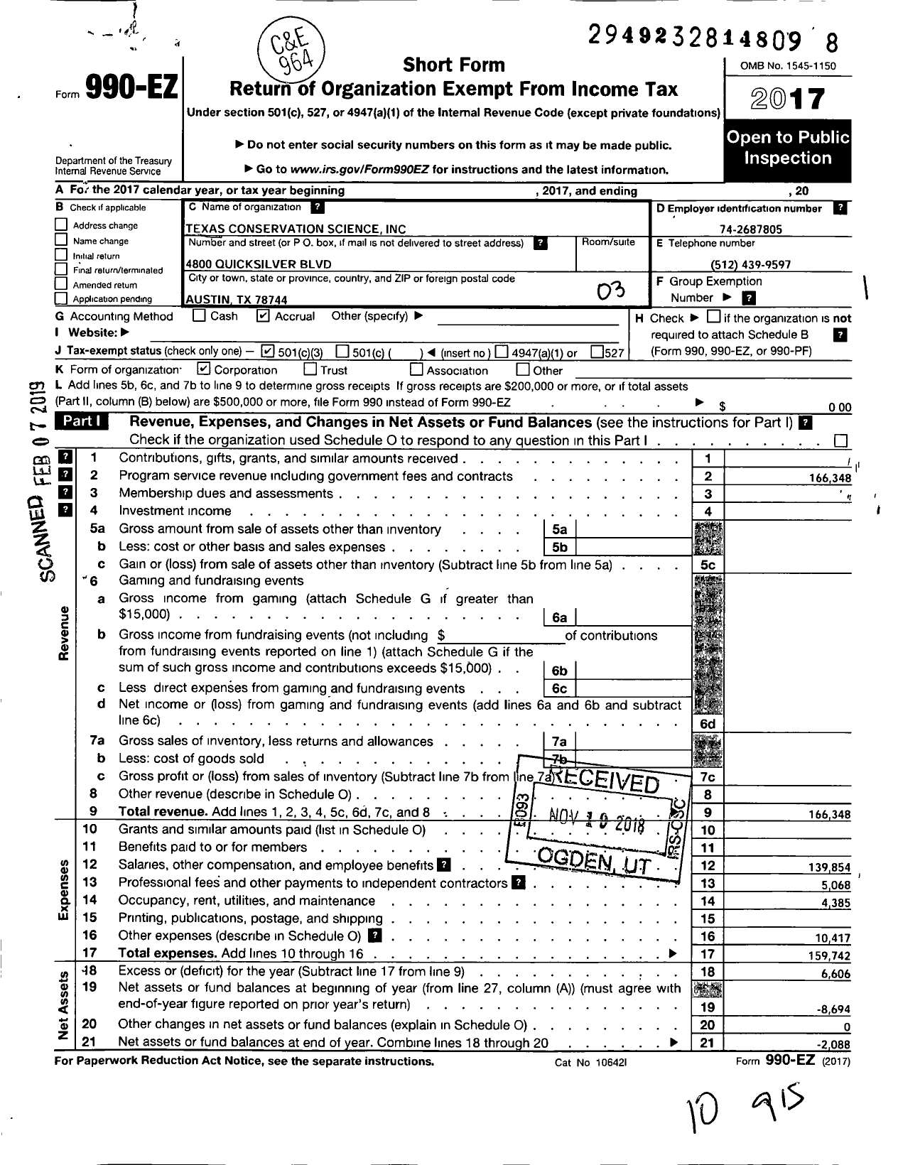 Image of first page of 2017 Form 990EZ for Texas Conservation Science