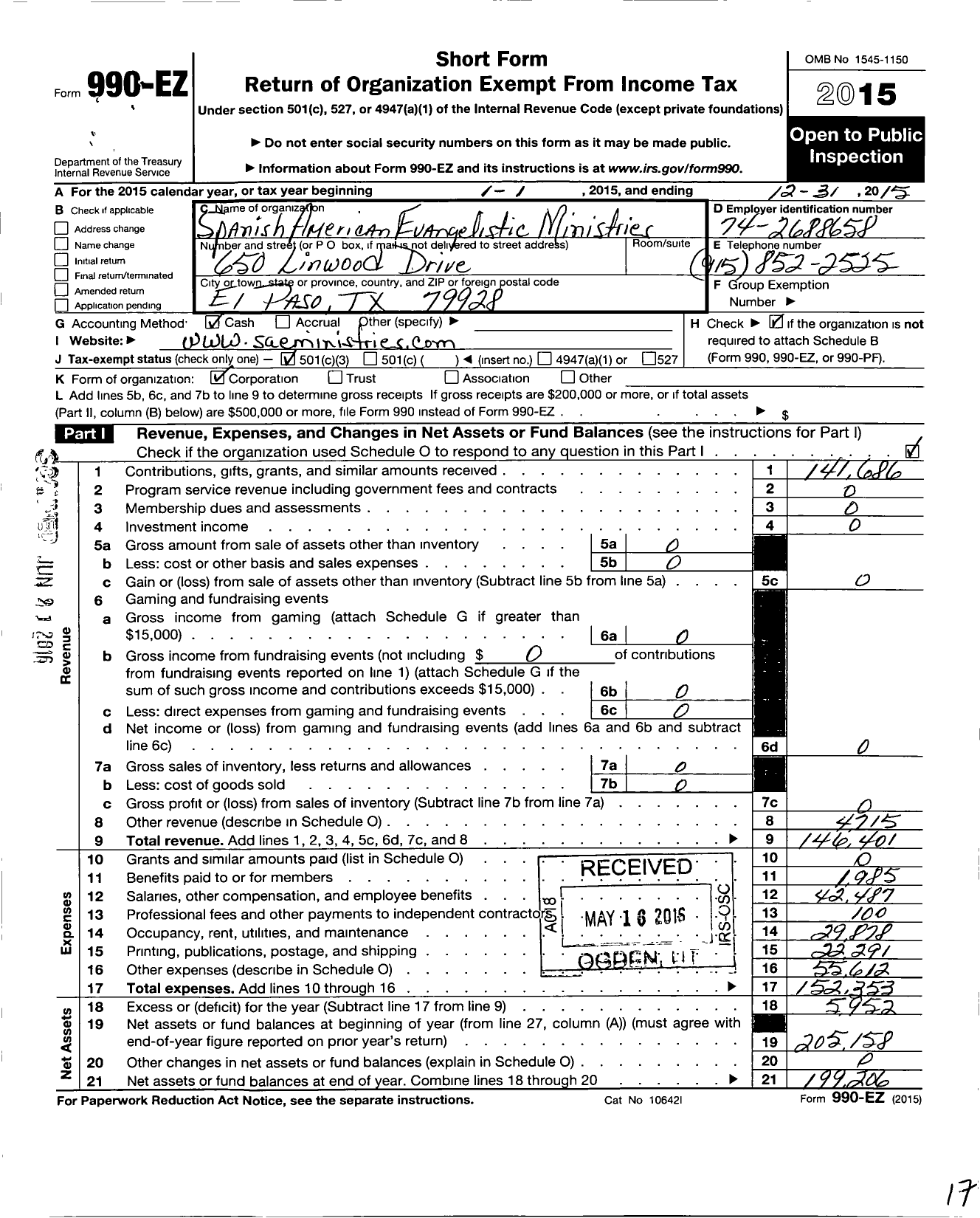 Image of first page of 2015 Form 990EZ for Spanish American Evangelistic Ministries