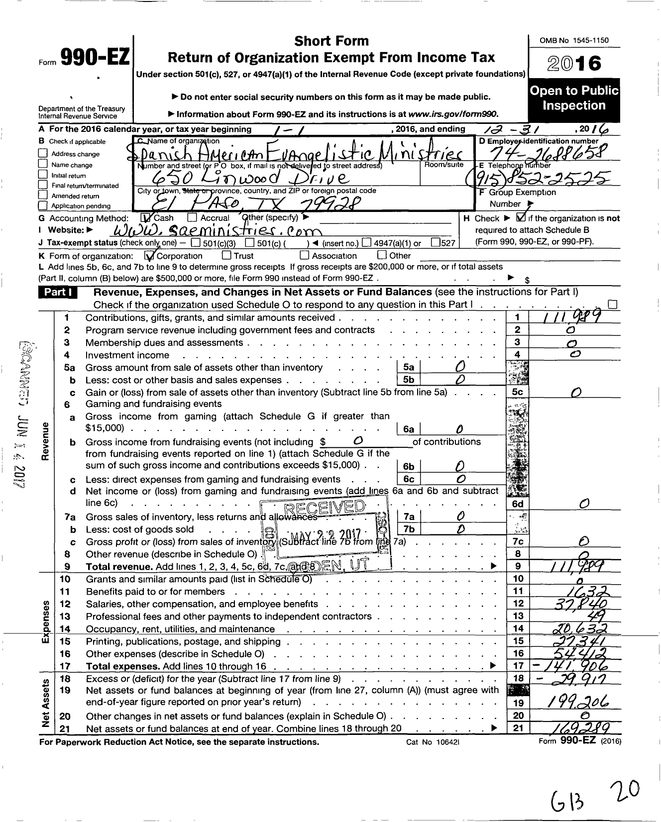 Image of first page of 2016 Form 990EO for Spanish American Evangelistic Ministries