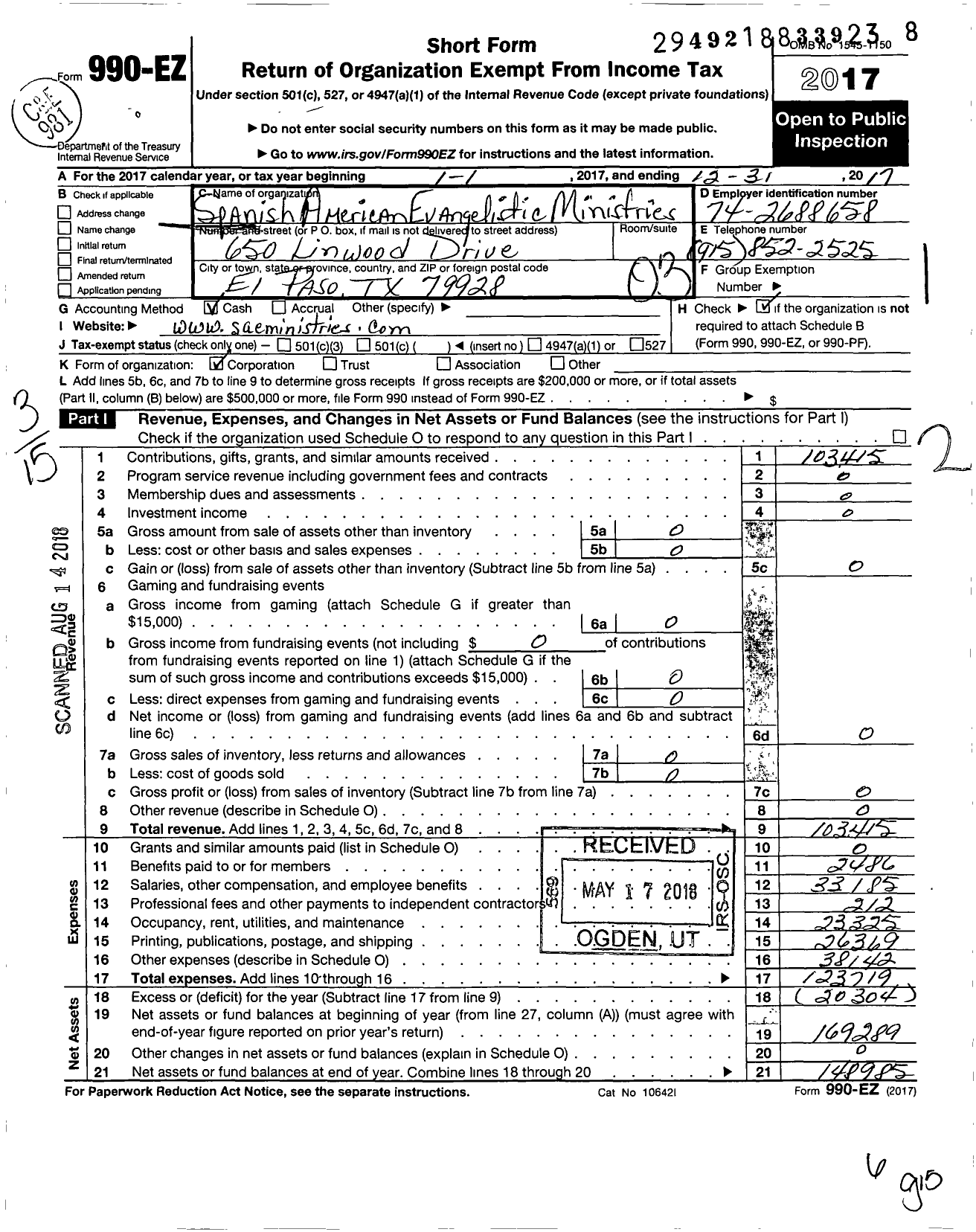 Image of first page of 2017 Form 990EZ for Spanish American Evangelistic Ministries