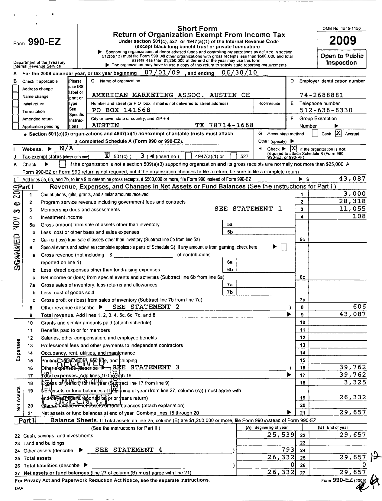 Image of first page of 2009 Form 990EZ for American Marketing Association / Austin Chapter