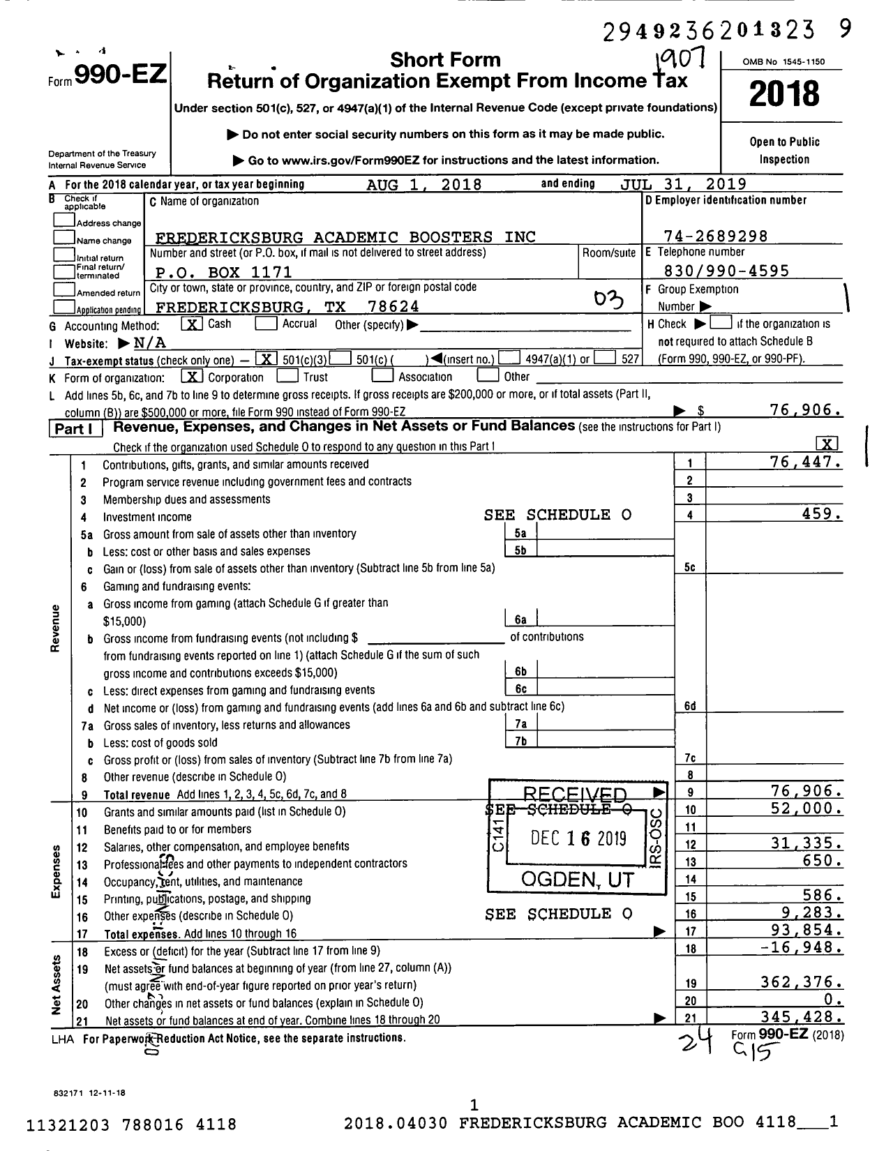 Image of first page of 2018 Form 990EZ for Fredericksburg Academic Boosters