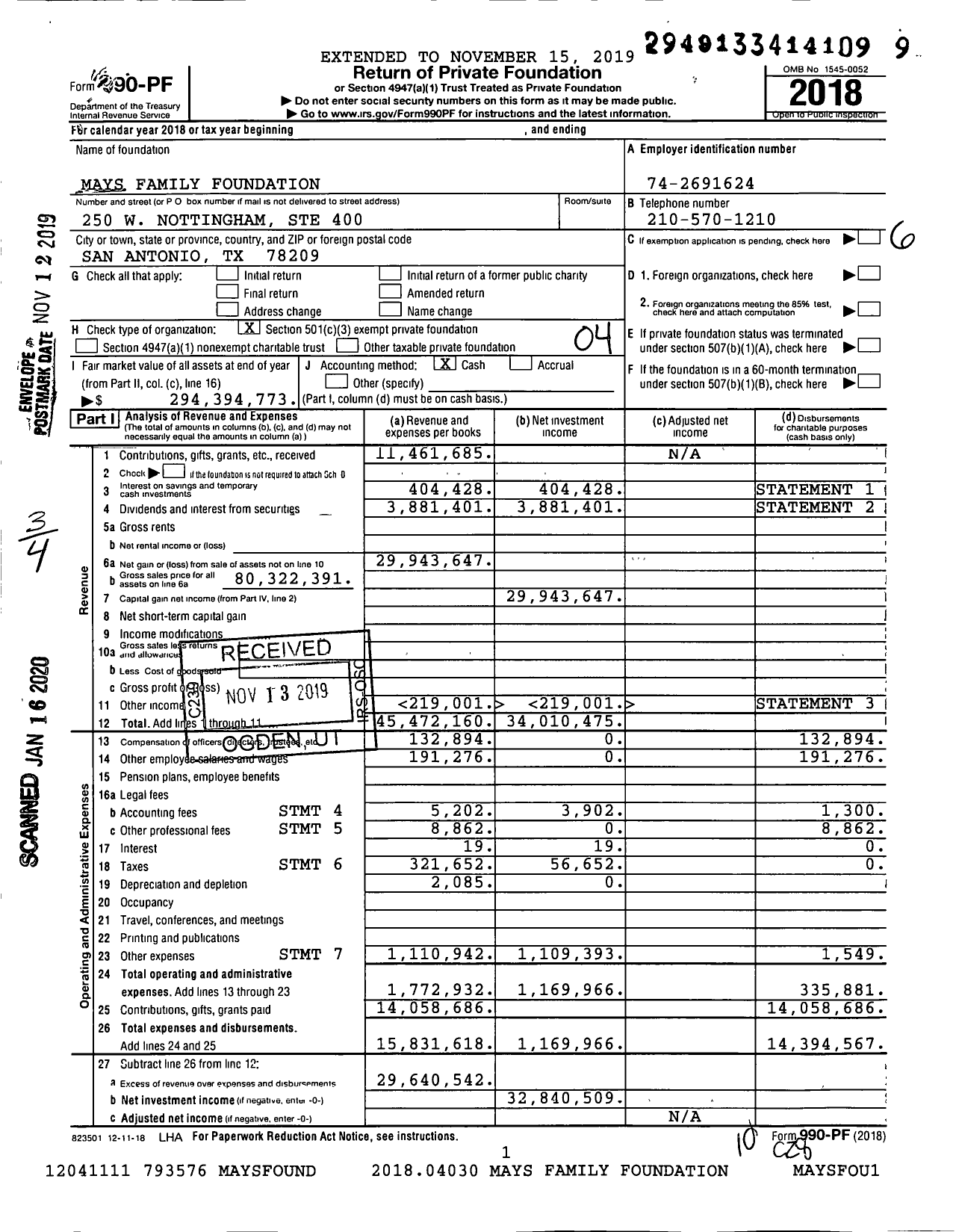 Image of first page of 2018 Form 990PF for Mays Family Foundation